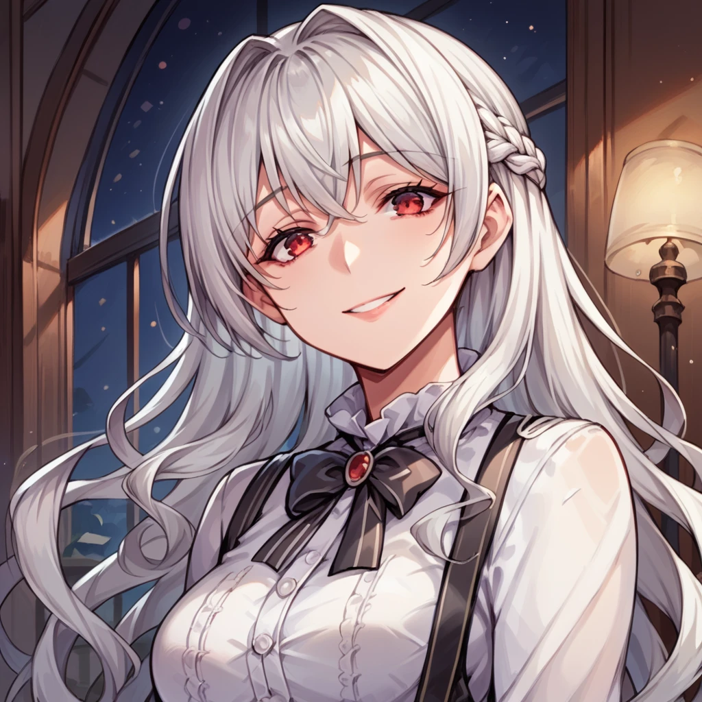 score_9_up, score_8_up, score_7_up, source_anime, masterpiece, best quality, 1girl, solo, Allan_Poe, night time, starry sky, lamp light, standing, upper body, face focus, gentle smile, looking at you, long hair, red eyes, white hair, white shirt, black bowtie, suspenders, black vest, hair intakes, braid, jewelry, mature body, dynamic cowboy shot, indoors, library background