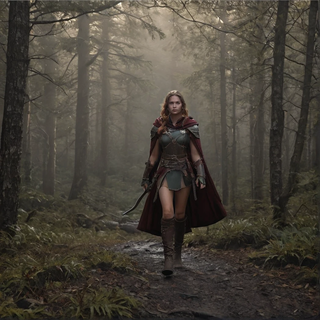 1girl, solo, Archer, fantasy armor, Noble, full armor, belt, leather boots, cape, gauntlets, Bow, Arrows, Quiver, Front-facing, Front, moody forest, (UHD, 8K, ultra detailed, looking at the camera, highly detailed, best quality, best aesthetic, high detail, amazing detail, masterful, work of a master, highly detailed background, shallow depth of field, photorealistic, RAW image, 
8k high resolution, ray tracing, realistic, mid day, volumetric lighting), badneg-xl, medium shot, mid shot, 