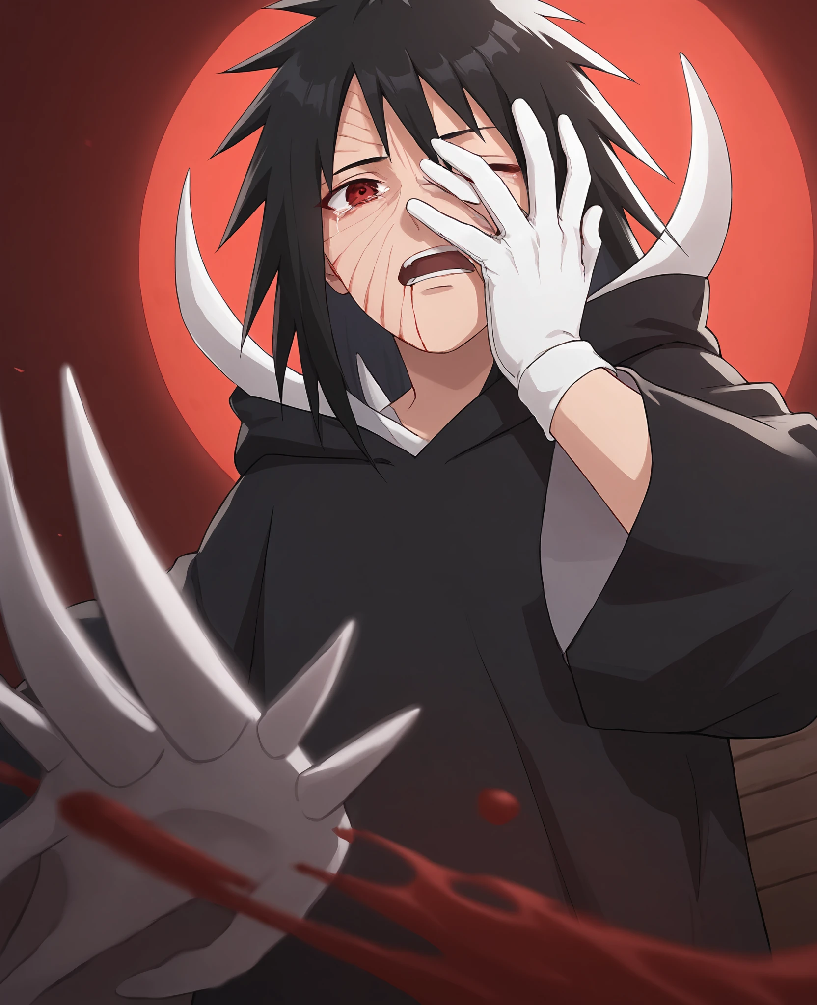 score_9,score_8_up,score_7_up,source_anime,rating_safe BREAK masterpiece,highres,best quality,high quality,dramatic angle,cinematic lighting,1boy,<lora:Obito_Pony_V2:1>,Uchiha OBito \(Rage\),white spikes,black robe,white sleeves,white gloves,one eye closed,scar,red eye,sharingan,wooden spikes,black hair,young,depth of field,blurry background,blood moon,red moon,tears,streaming tears,hooded cloak,long hair,<lora:add-detail-xl:0.22>,<lora:flat_sdxl:-0.43>,blood,spikes,open mouth,cloak,from below,covering own face,