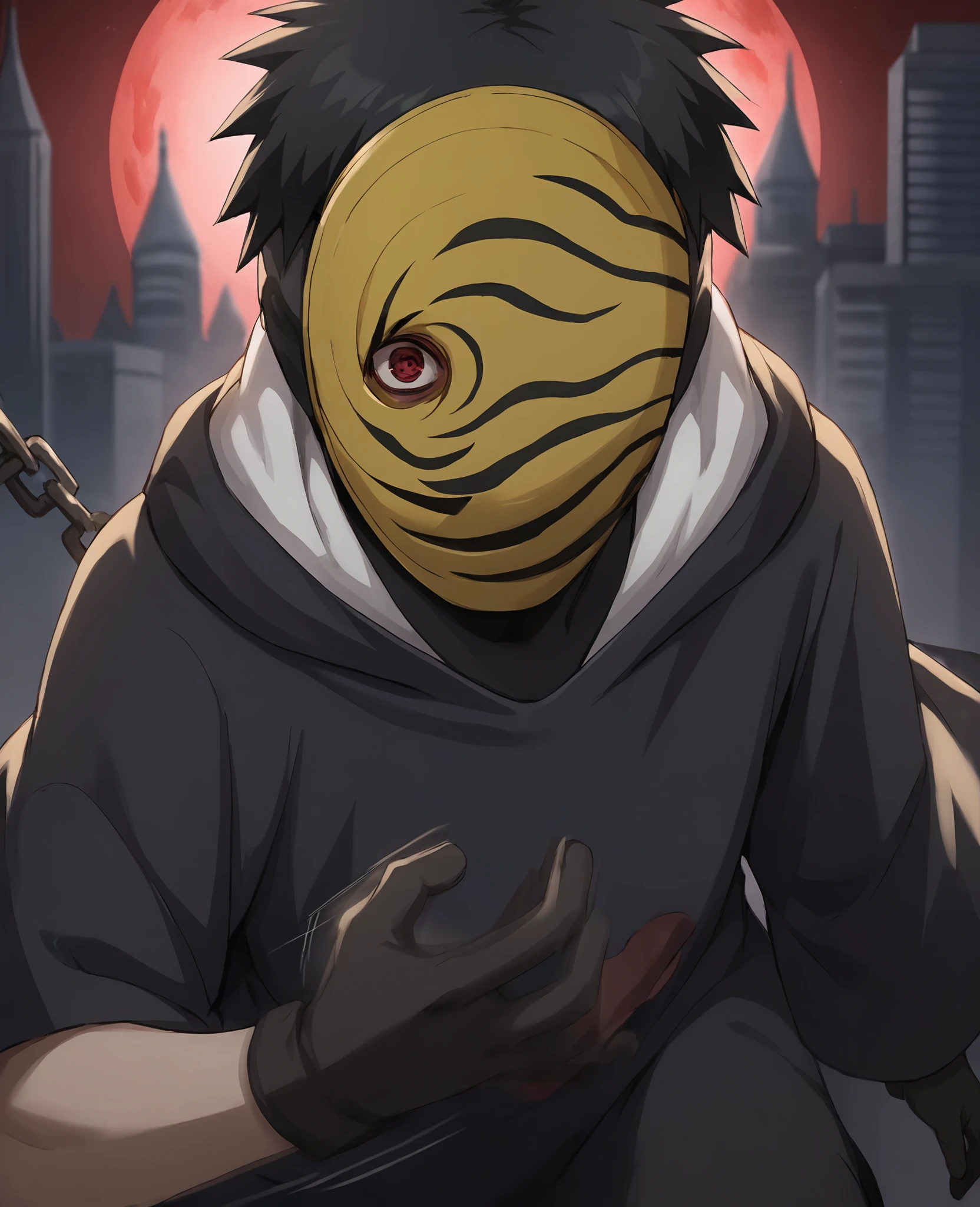 score_9,score_8_up,score_7_up,source_anime,rating_safe BREAK masterpiece,highres,best quality,high quality,dramatic angle,cinematic lighting,1boy,<lora:Obito_Pony_V2:1>,dim,night,moon,red moon,Uchiha Obito \(Masked man\),masked man,black robe,yellow mask,sharingan,red eye,black gloves,cityscape,extremely detailed background,blurry background,buildings,portrait,close-up,cowboy shot,<lora:add-detail-xl:0.22>,<lora:flat_sdxl:-0.43>,black pants,horror,black hair,blood,dynamic angle,action pose,chain,motion blur,motion lines,speed lines,hooded cloak,short hair,grasp,one knee,kyuubi,a giant fox in the background,