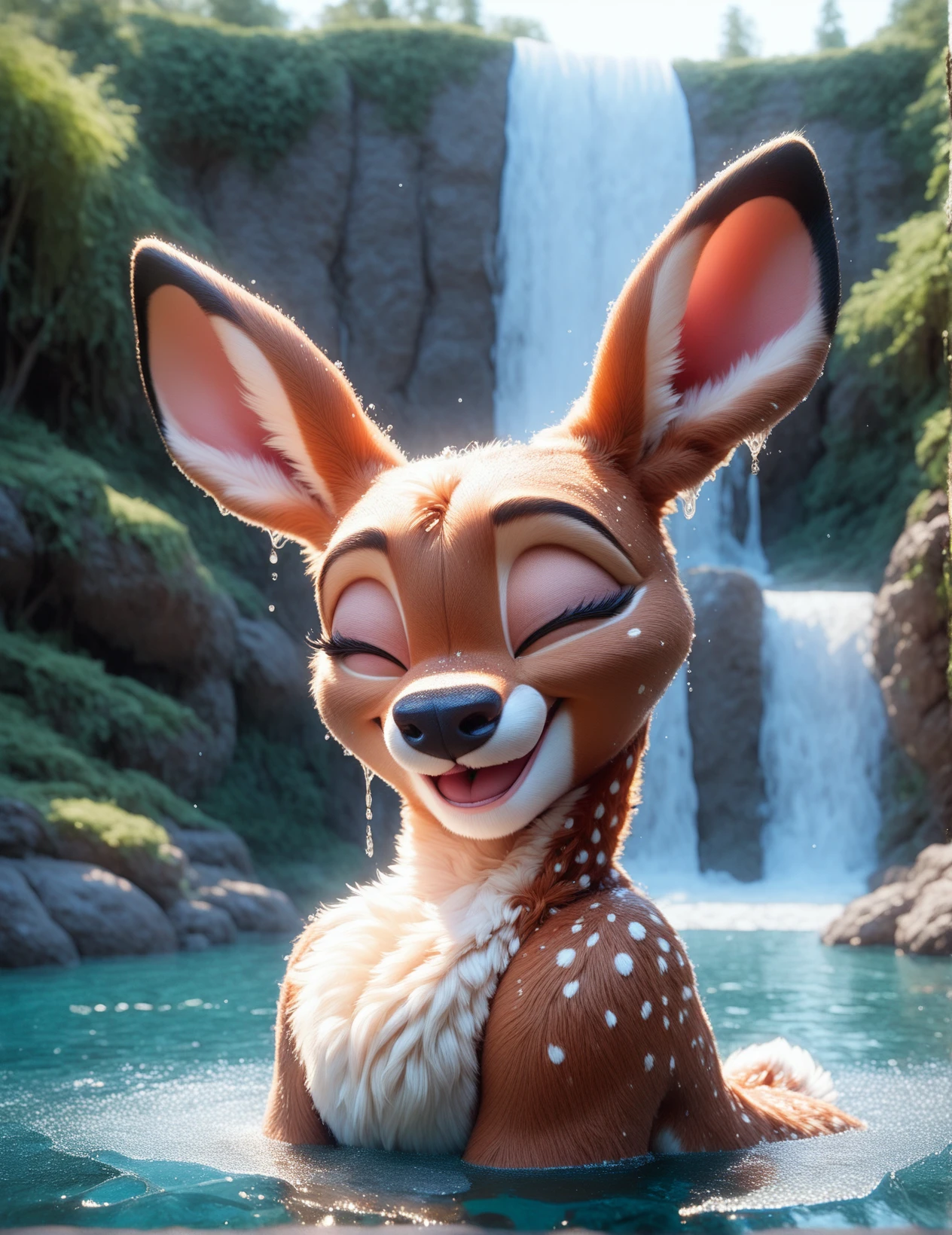 <lora:bing3d-v3b-e8:1>score_9, score_8_up, source_furry, 3d, by bing3d, deer, anthro, water, river, waterfall, detailed fur, spotted fur, happy, feral, partially submerged