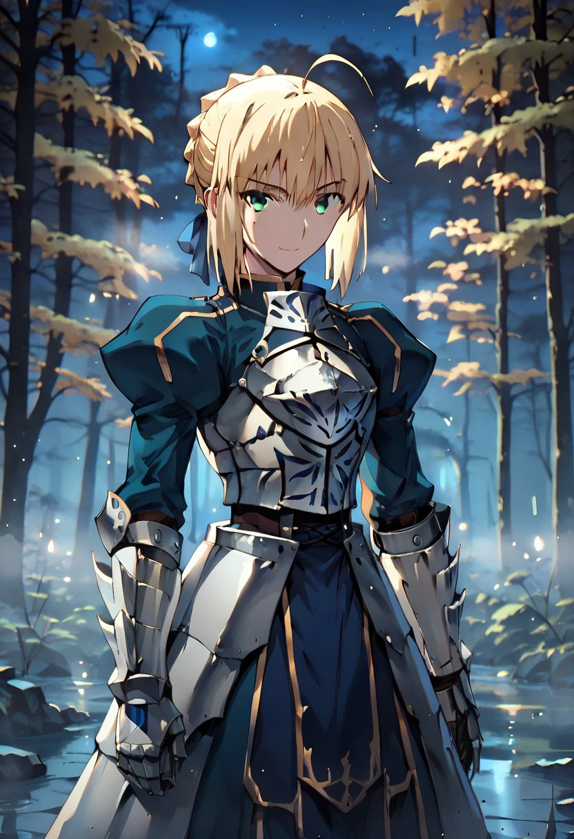 score_9, SaberFS, 
1girl, solo, light smile,
blonde hair, green eyes, short hair, french braid, ahoge,
SaberArmor, breastplate, blue dress, gauntlets, juliet sleeves, faulds,
standing, looking at viewer,
outdoors, night, blue theme, fog, forest