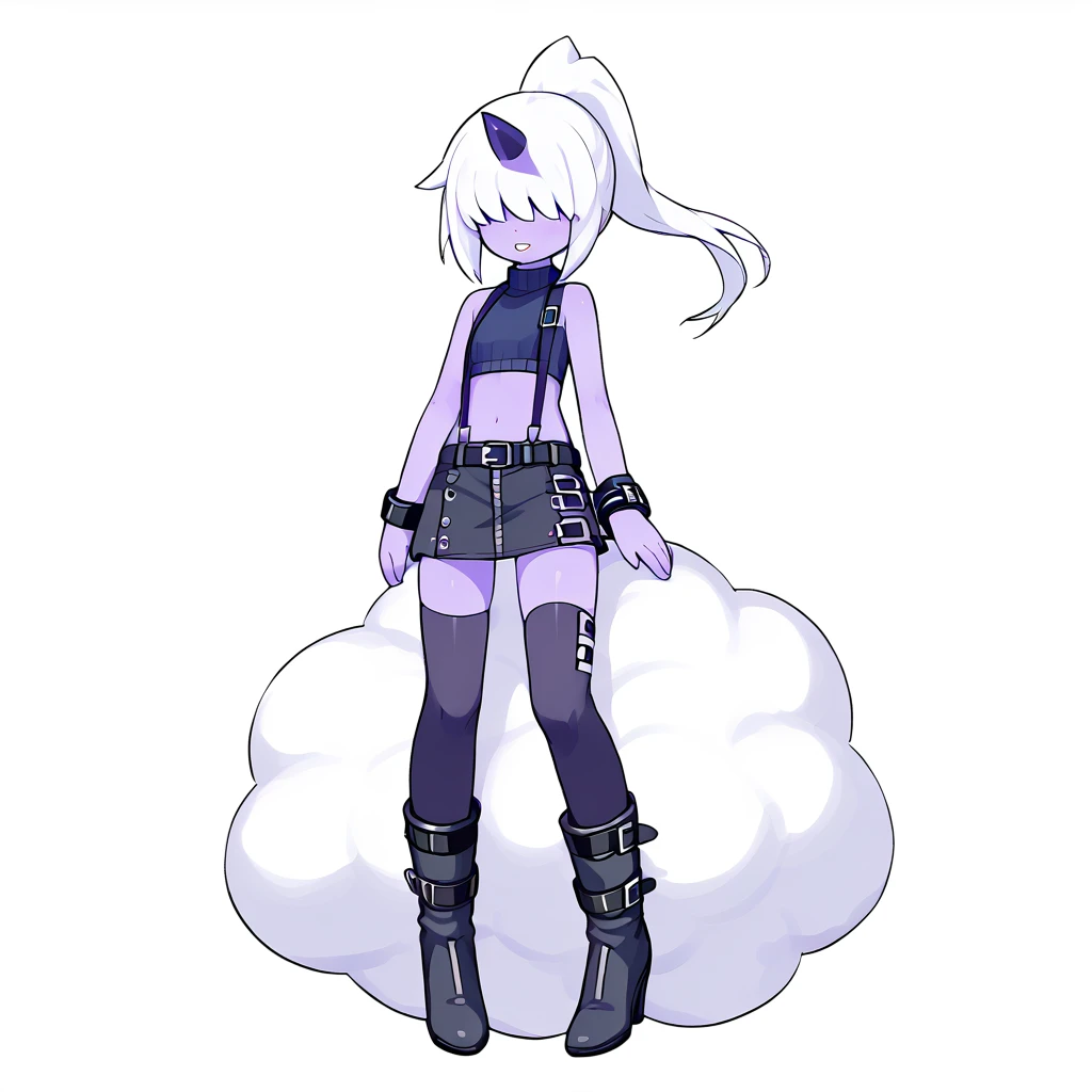 <lora:Dazzi_XL_Pony_Edition:0.8> Dazzi, 1girl, (cloud:1.2), white hair, ponytail, oni, horn, hair over eyes, white cloud, (purple skin:1.2), (split form), legless, no legs, no eyes, single horn, bottomless, best quality,  <lora:altayane:1> altayaneo, boots, thighhighs, belt, bare shoulders, sleeveless, skirt, zettai ryouiki, miniskirt, high heels, turtleneck, midriff, high heel boots, crop top, bracelet, buckle, zipper, ankle boots, navel, sleeveless turtleneck, black legwear, collar, cuffs, halterneck, striped, multiple belts,bare arms, suspenders