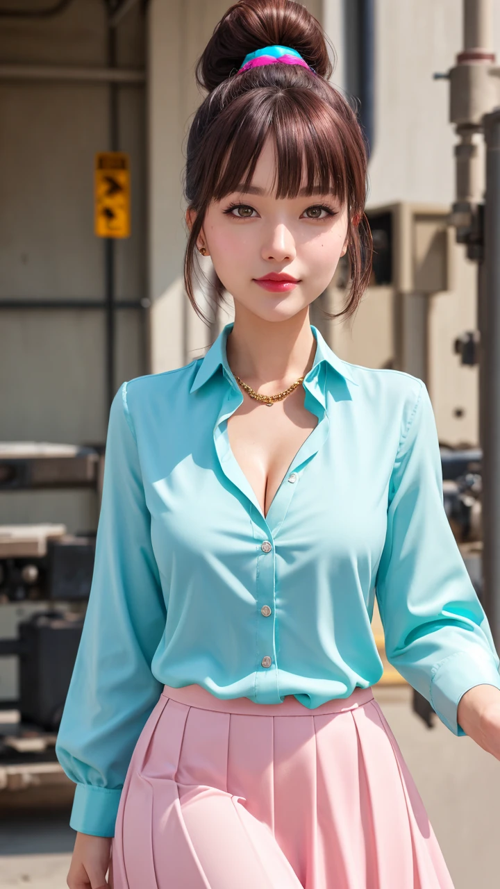 1girl, exhibitionism girl, kawaii, cute face, cleavage, semi-glossy skin, lipstick, sexy thighs, sexy pose, at (military laboratory:1.2), 
Ponytail, long hair, iridescence hair, bangs, (transparency pink blouse turquoise long skirt:1.2), flat chest, 
beautiful, realistic skin texture, detailed sharpy eyes, detailed hair, nice hand detail, nice fingernail, 
futuristic, Streetstyler fashionista, stylish naughty photography, rule of thirds, wide shot, partly body, 
best quality, extremely detailed, high fidelity, hyper detailed, extremely highres, sharp focus, realistic detail skin texture, natural volumetric lighting, detailly environment, RAW,