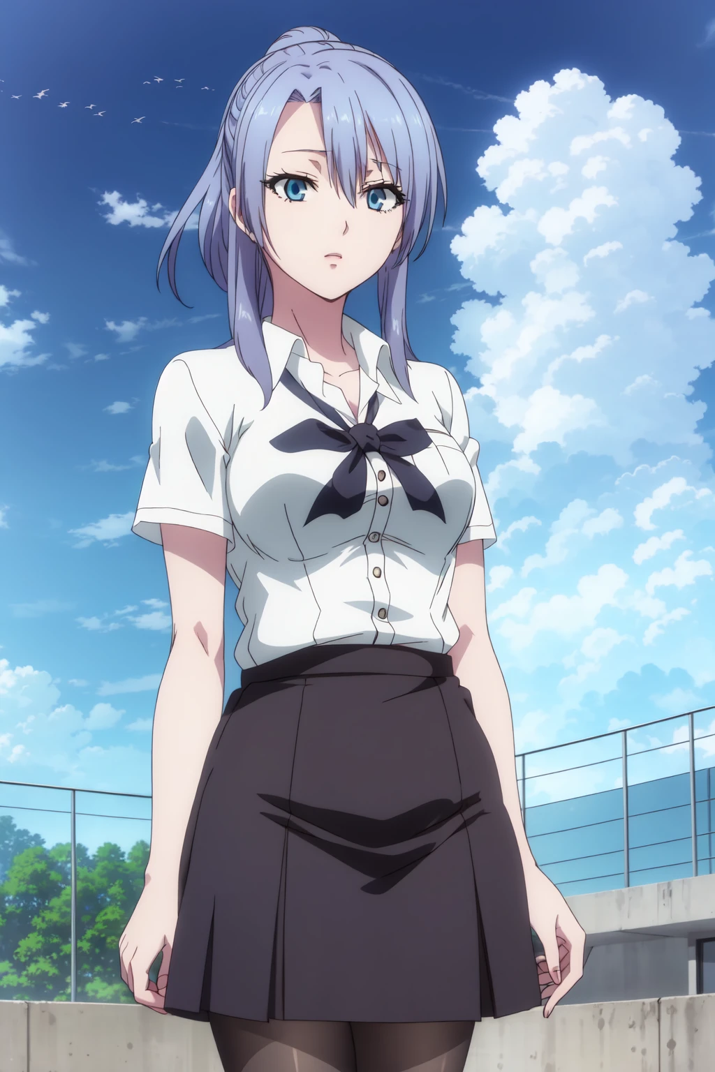 AyameHimuro, 4k, absurd, high resolution, very high resolution, high definition, masterpiece, 1girl, solo, long hair, blue eyes, skirt, school uniform, blue hair, ponytail, pantyhose, sky, day, cloud<lora:EMS-433593-EMS:0.800000>
