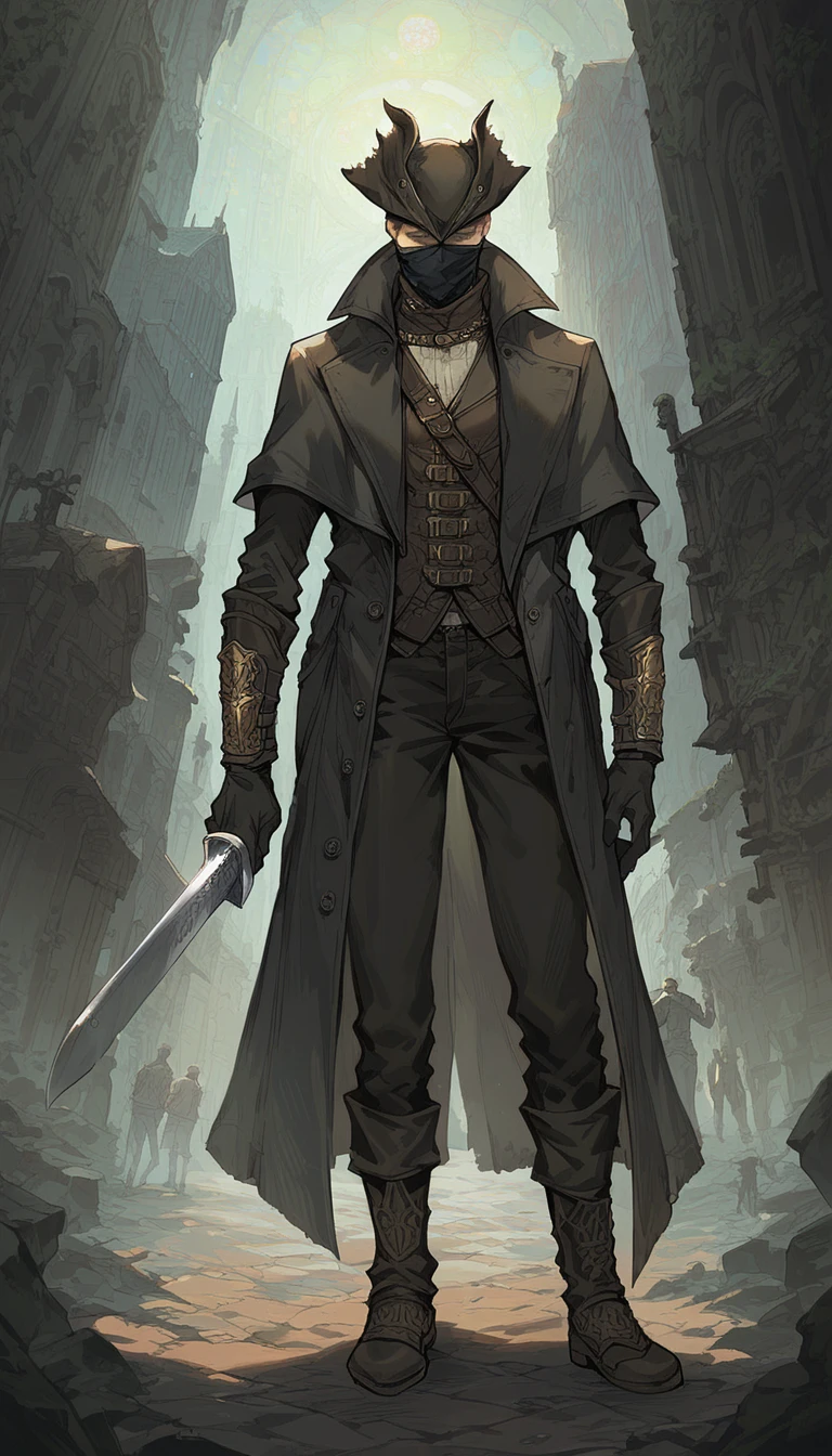 score_9, score_8_up, score_7_up, 1male  full body shot, dynamic pose,  holding sword, dark alley, church, detailed background
 leather coat, long coat, leather pants, , hunter gloves, hunter trausers, hunter hat, facemask
 <lora:Bloodborne_Hunter_set:0.8>, 
<lora:Expressive_H:0.6> Expressiveh,
<lora:PulenKompot-Ganassa Style-PonyXL:0.5> ganassa,