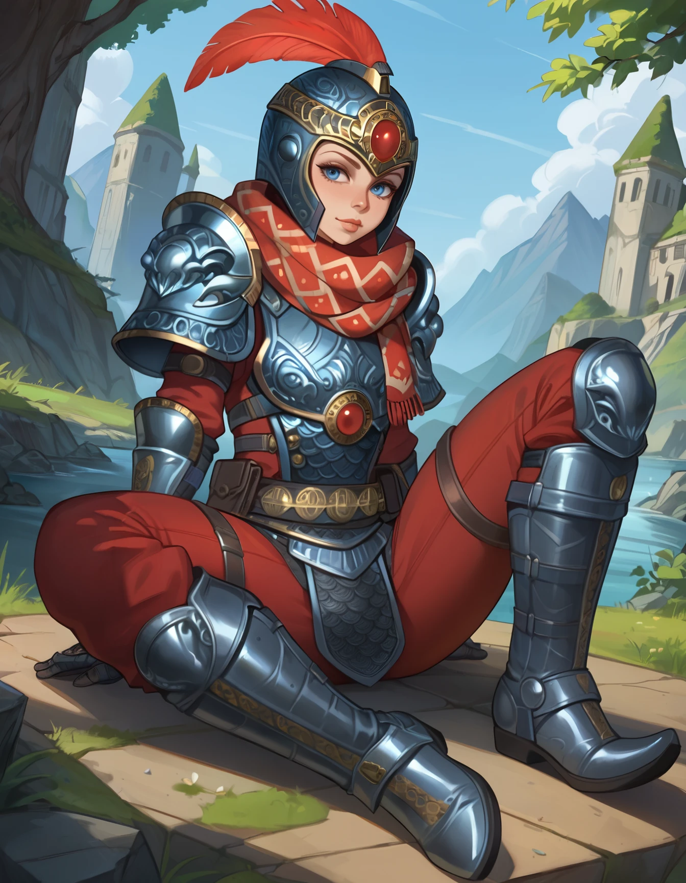 (embedding:Pony\Pony_PDXL_Negative_Embeddings\zPDXL2),1girl,3mpr3ss,armor,belt,gloves,armored boots,shoulder armor,helmet,gauntlets,pouch,red scarf,pauldrons,knee pads,red pants,chainmail,breastplate,full armor,blue eyes,looking at viewer,feathers,greaves,science fiction,asssitting,crossed_legs,thinking                                               <lora:MyTrainings\Temp\Wattson_The_Warrior_Empress_XL_Pony.safetensors:0.6>