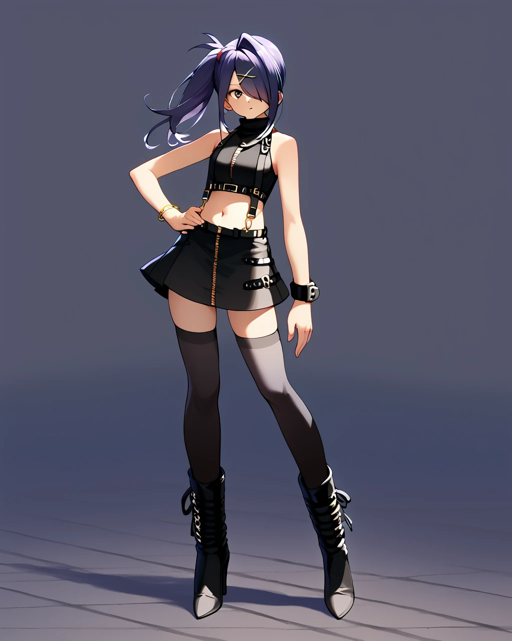 score_9
<lora:altayane:1.29> altayaneo, boots, thighhighs, belt, bare shoulders, sleeveless, skirt, zettai ryouiki, miniskirt, high heels, turtleneck, midriff, high heel boots, crop top, bracelet, buckle, zipper, ankle boots, navel, sleeveless turtleneck, black legwear, collar, cuffs, halterneck, striped, multiple belts,bare arms, suspenders
 <lora:NGO-PO-v1A:0.8> amechan, hair over one eye