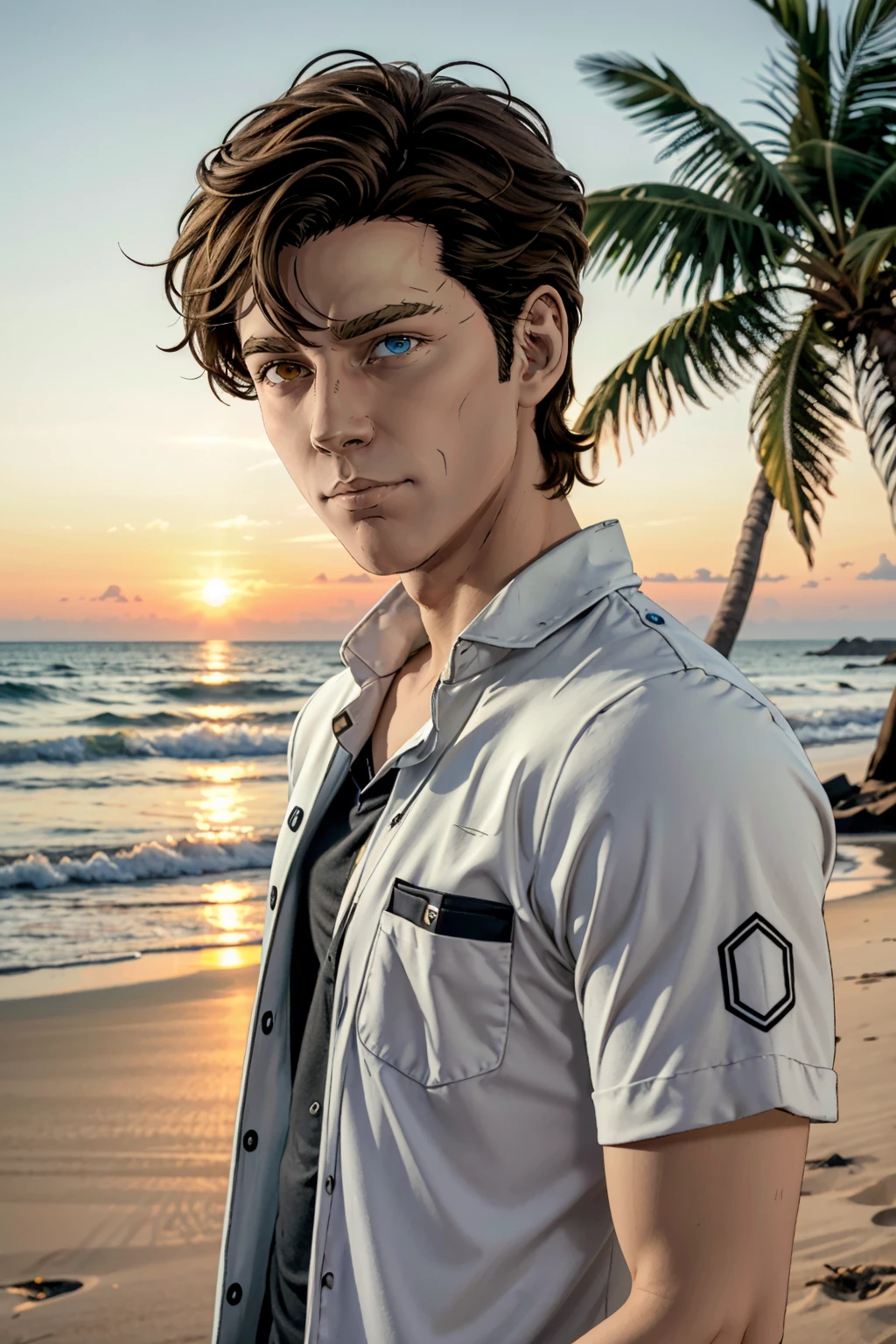 ((ultra detailed, masterpiece, absurdres))
 <lora:BRhys:0.8>
BRhys, 1boy, short hair, heterochromia, looking at viewer, at the beach, casual clothing, palm trees, sundown