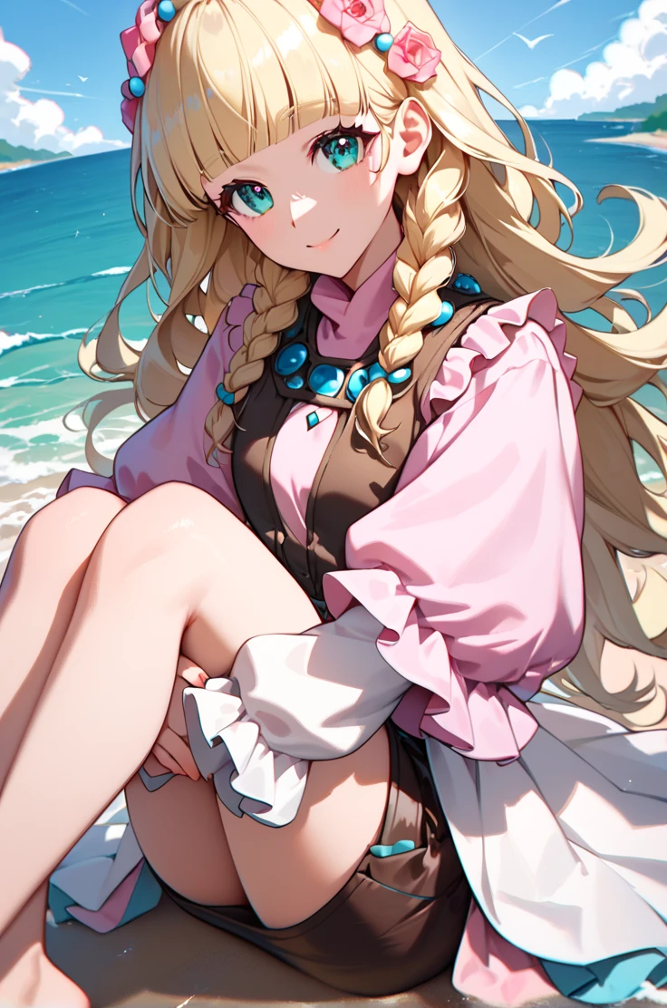 score_9, score_8_up, score_7_up, very aesthetic, source_anime, detailed,
cowboy shot,  beach, ocean,
looking at viewer, sitting, hugging own legs, light smile,
<lora:shirley_autismConfetti_v02:1> shirleyBase,  aqua eyes, blonde hair, braids, long hair,  blunt bangs, 
brown vest, pink puffy sleeves, long white sleeves,  wavy hair, pink shirt,  white waist cape, brown short skirt,, zPDXL