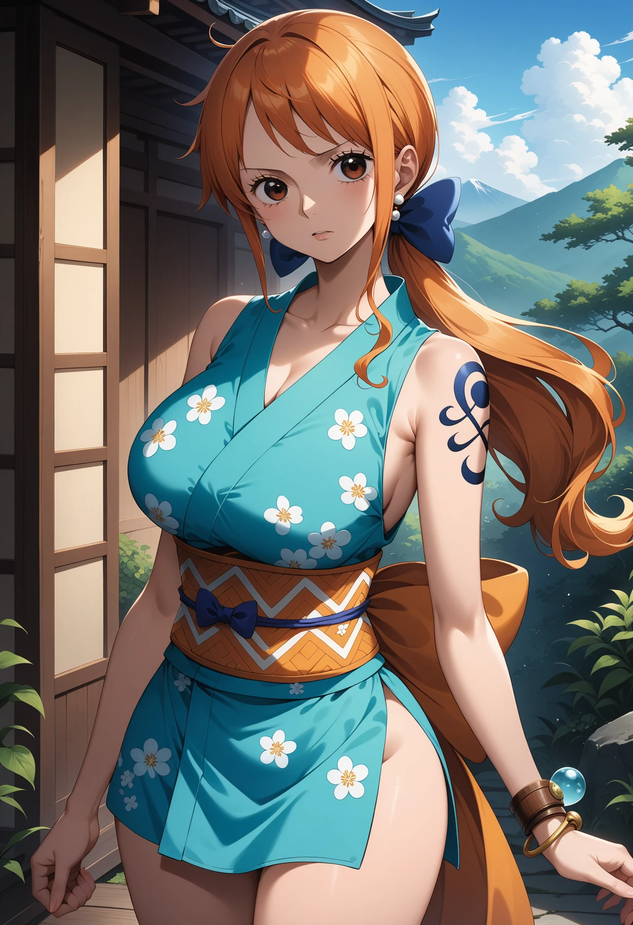 (masterpiece, best quality, very aesthetic, ultra detailed), intricate details, 4k, aanami, long hair, orange hair, low ponytail, hair bow, earrings, brown eyes, shoulder tattoo, breasts, collarbone, bare shoulders, japanese clothes, short kimono, blue kimono, floral print, sleeveless, bracelet, sash, obi, <lora:nami_animagine_v1:0.9>, standing, cowboy shot, outdoors,