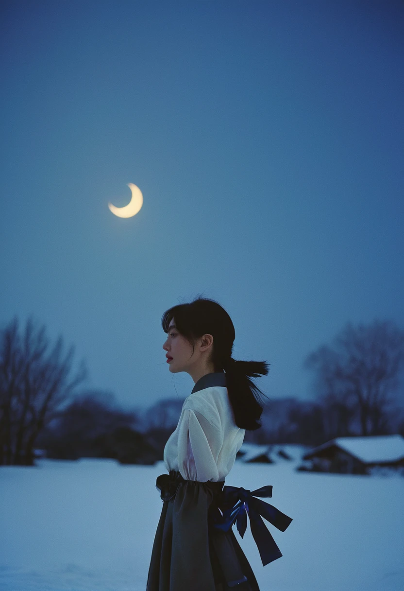 photorealistic, cinematic, cropped arms,perspective,$season=!spring$season,wearing $season outfit,Snow squall,night, crescent moon,Low Bun with a Bow,disgust, detailed background, film photography aesthetic, film grain, analog photography, asian, 