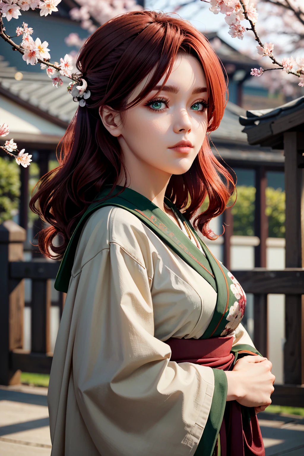 ((ultra detailed, masterpiece, absurdres))
 <lora:ACUElise:0.8>
ACUElise, 1girl, red hair, green eyes, looking at viewer, in a traditional kimono, surrounded by cherry blossoms