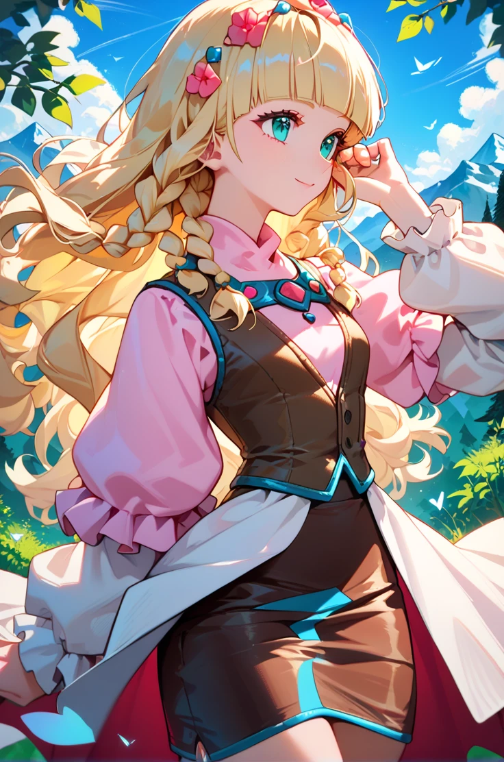 score_9, score_8_up, score_7_up, very aesthetic, source_anime, detailed,
mountains, forest, 
light smile, looking away, hand on hair,
<lora:shirley_autismConfetti_v02:1> shirleyBase,  aqua eyes, blonde hair, braids, long hair,  blunt bangs, 
brown vest, pink puffy sleeves, long white sleeves,  wavy hair, pink shirt, brown boots,  white waist cape, brown skirt,, zPDXL