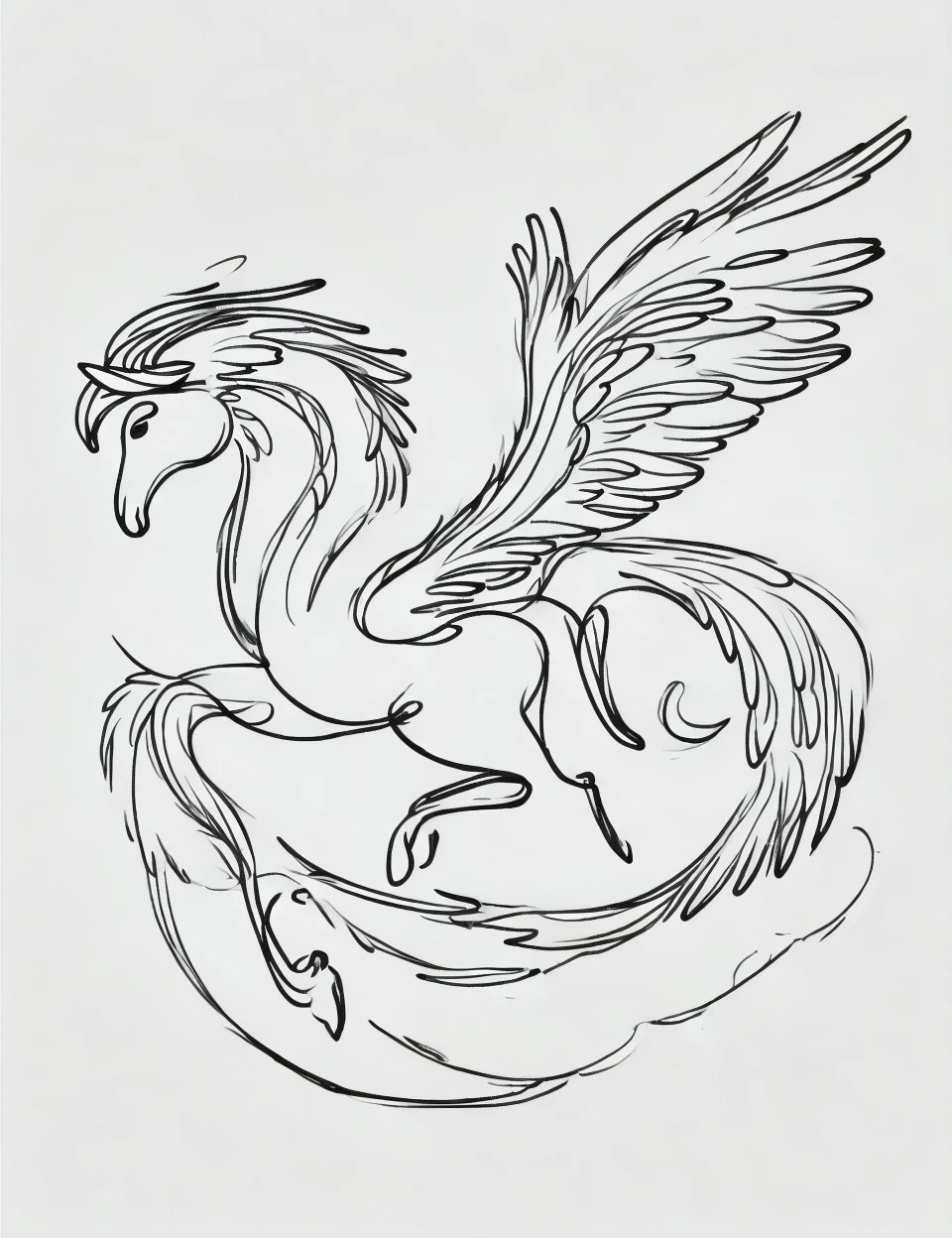 DonM0n3L1n3 one line drawing, banshee, mythical majestic winged horse, feathered wings, majestic noble appearance, graceful strong posture, white hues, flowing mane and tail, inspiration, poetic creativity, unadorned,threatening,veiled <lora:DonM0n3L1n3:0.8>