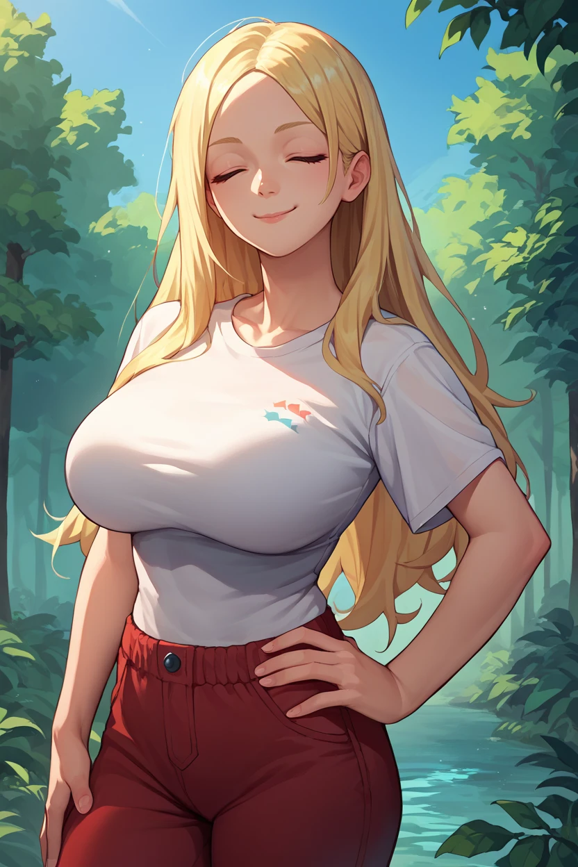 score_9, score_8_up, score_7_up, score_6_up, source_anime, 1girl, solo,  <lora:bofurimisery-pdxl-nvwls-v1-000007:1> bofuMis, blonde hair, long hair, closed eyes, large breasts, smile, white t-shirt, red pants, hand on hip, blue sky, forest