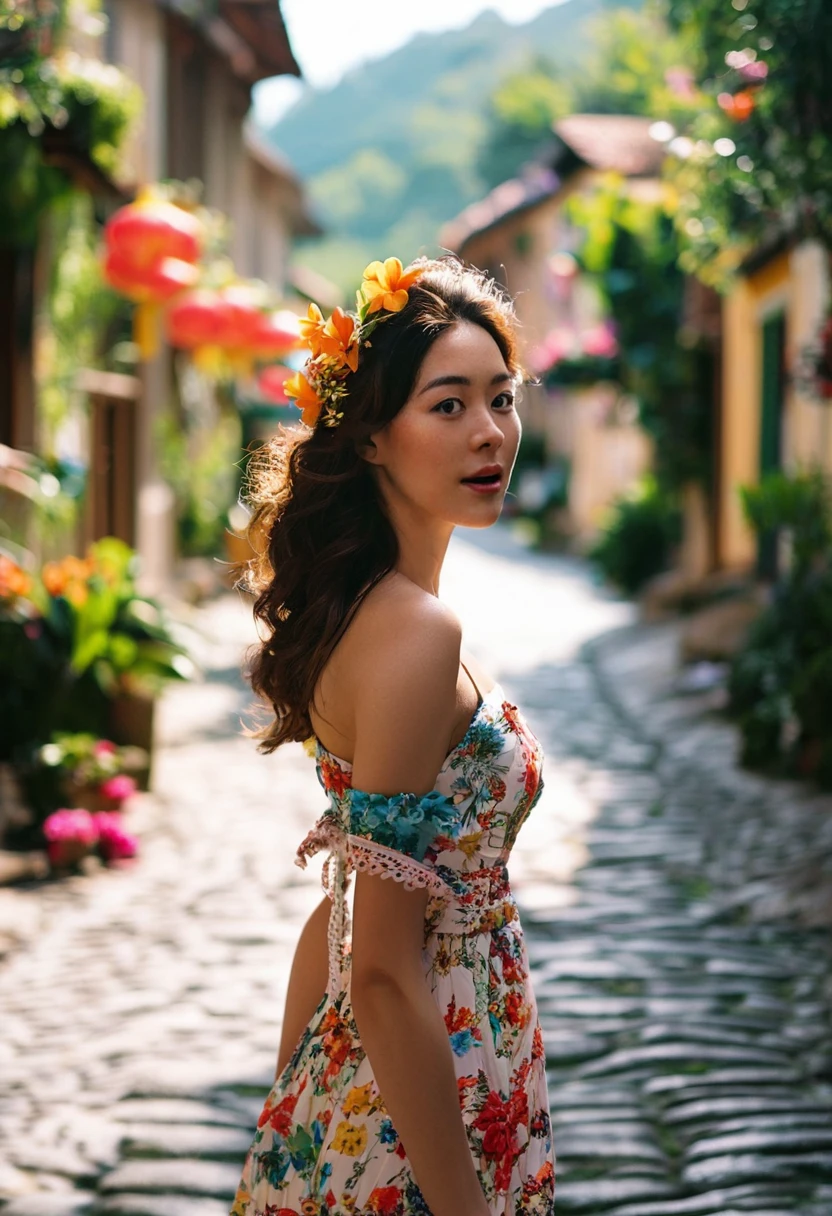 photorealistic, cinematic, type of shot: (over-the-shoulder shot:1.1), BREAK,	Subject: (a woman in festival attire with an expressive energy and curvy figure:1.2), (exploring a botanical garden:1.3), (looking ahead with determination:1.0), (feeling benevolent and kind:1.0),BREAK,	Background of image: (a charming cobblestone street in a European village:1.3), 	Style of image: (Caribbean island and relaxed:1.0),BREAK,	Color of image: (dramatic spotlighting:1.0),BREAK,	Additional Elements: (butterflies fluttering around with delicate wings colorful patterns and flowers in full bloom:1.0), detailed background, film photography aesthetic, film grain, analog photography, asian, 