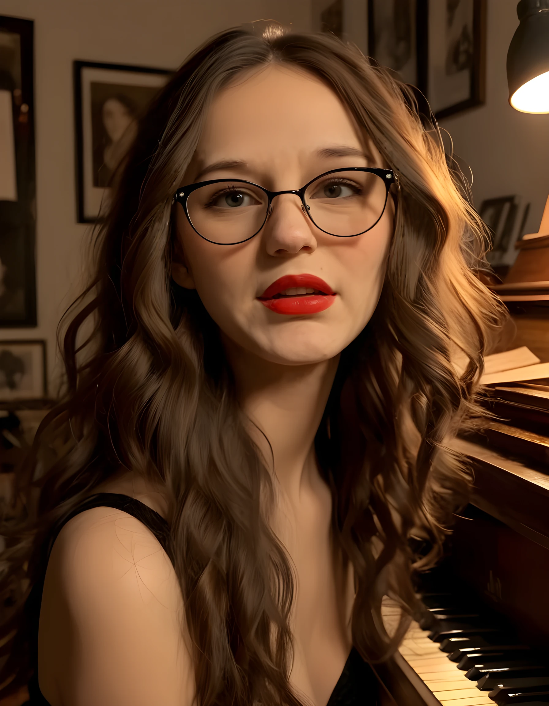 In a dimly lit, cluttered artist's studio, the subject R3353W is captivating the viewer with her intense gaze, her long, wavy brown hair cascading down her shoulders and framing her oval face. She wears black-framed glasses perched on the bridge of her nose, adding an intellectual air to her appearance. Her lips are pursed slightly, as if about to speak or sing, with a hint of red lipstick subtly accentuating their fullness. Her fingers rest lightly on the edge of a well-worn piano, the keys just visible behind her. The soft focus and warm, golden lighting emphasize the depth in her eyes, creating an intimate and captivating portrait that speaks to her creative spirit and mysterious allure.