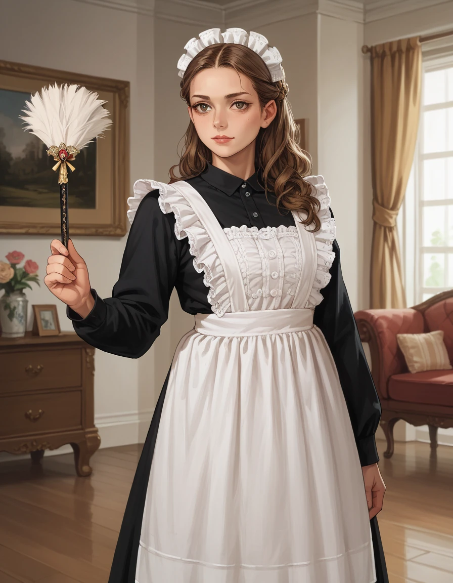 score_9, score_8_up, score_7_up, score_6_up, score_5_up, score_4_up, 1girl, large breasts, brown hair, hud_vic_m4id, black dress, maid apron, frills, maid headdress, <lora:vicmaid-000008:0.8>, feather duster, living room, victorian,