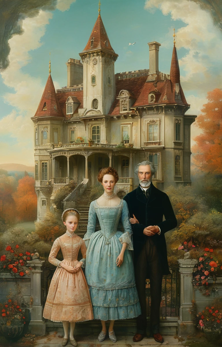 masterpiece,best quality,<lora:tbh357-sdxl:0.6>,illustration,style of Daniel Merriam portrait of family