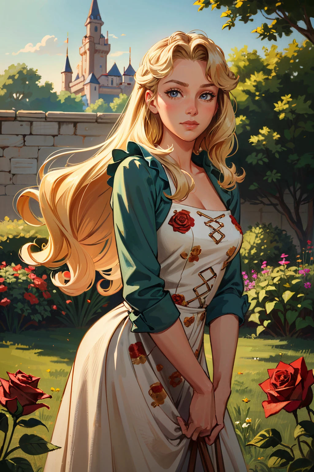 ((ultra detailed, masterpiece, absurdres))
 <lora:DisneyAurora:0.8>
DisneyAurora, 1girl, blonde hair, long hair, looking at viewer, rose garden, gardening, floral background