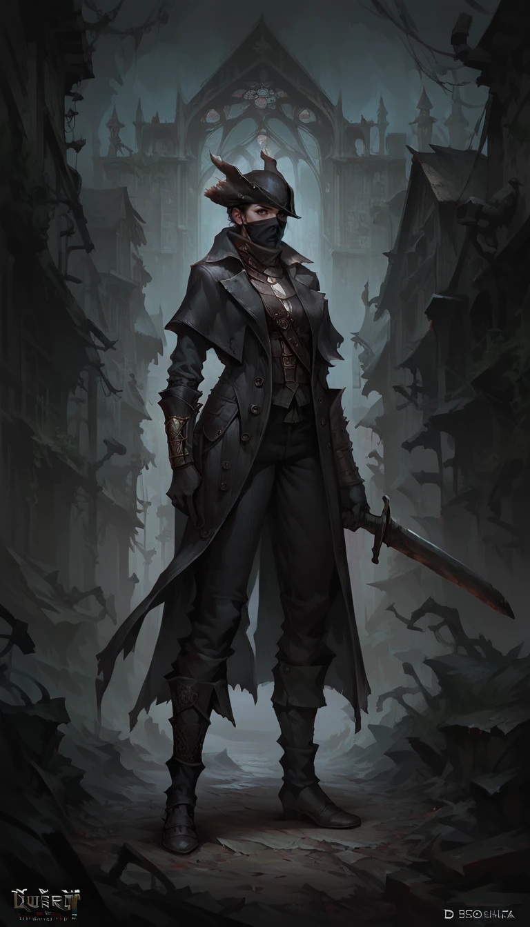 score_9, score_8_up, score_7_up, 1girl,  full body shot, dynamic pose,  holding sword, dark alley, church, detailed background
 leather coat, long coat, leather pants, , hunter gloves, hunter trausers, hunter hat, facemask
 <lora:Bloodborne_Hunter_set:0.8>, 
 <lora:GwentStyle_v2:0.6> gwentstyle
 <lora:Concept Art DarkSide Style LoRA_Pony XL v6:0.6> concept art, realistic, dark theme, low light,