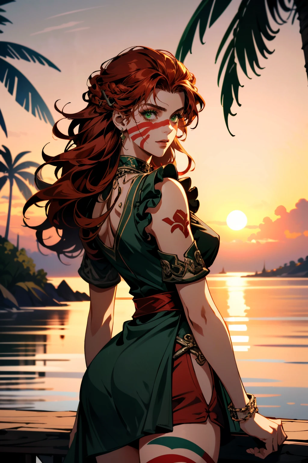 ((ultra detailed, masterpiece, absurdres))
 <lora:ACVCiara:0.8>
ACVCiara, 1girl, red hair, face paint, green eyes, looking at viewer, at the beach, minidress, palm trees, sundown