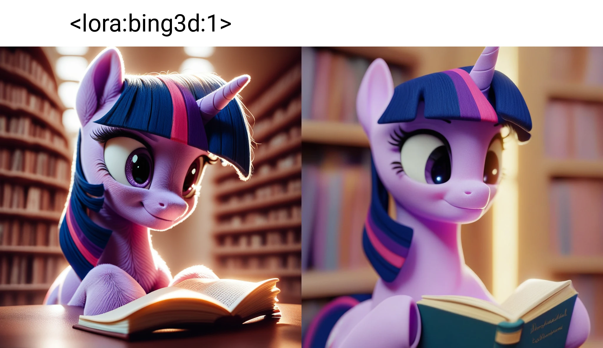<lora:bing3d:1>score_9, score_8_up, source_pony, 3d, by bing3d, twilight sparkle, pony, my little pony, smile, library, depth of field, face focus, unicorn, backlighting, detailed hair, detailed fur, book, reading, rim lighting, cinematic production render, hooves