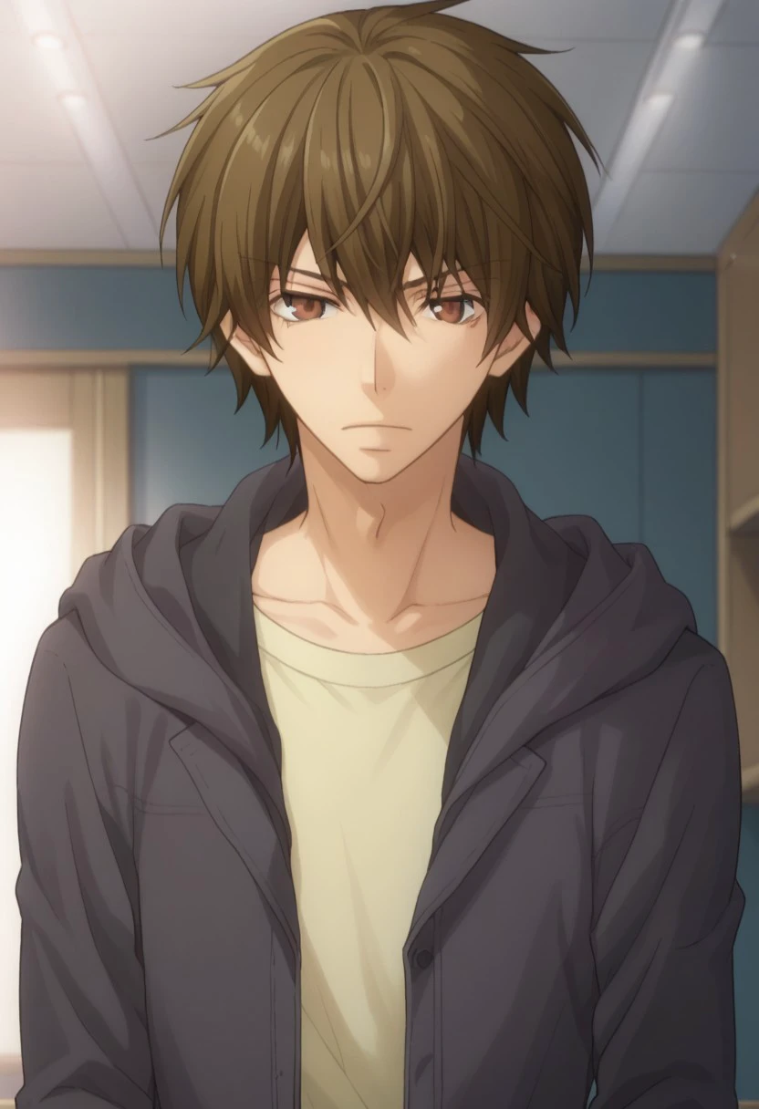 score_9, score_8_up, score_7_up, source_anime, highly detailed, 
yuyanase, 1boy, male focus, solo, brown hair, brown eyes, hood, indoors, hoodie, upper body, collarbone, shirt, jacket,