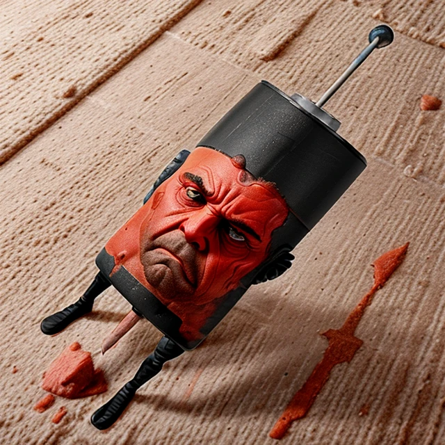 (best quality)+++, batarik, lively battery, black body, orange head, cylinder shape, gray metal element on head, realistic face, black arms and legs, full body showing, He holds a piece of paper in his hand, leans on a bloody stick, leans on a toothpick, after a fight, stained with blood, tired, bent over, high pile carpet floor background, closeup floor,  realistic, correct drawn eyes, detailed drawn fingers,<lora:batarik-10:1.2>