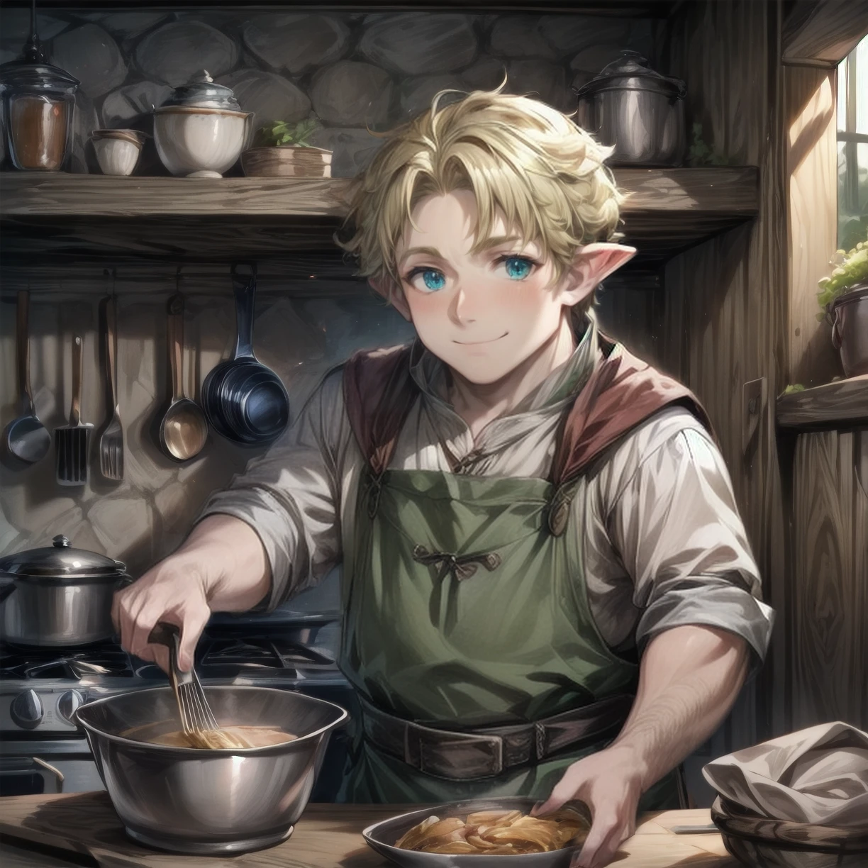 1boy, smile, blonde hair, indoors, low-tech kitchen, cooking, <lora:Halflings! 1.5:0.8>, halflings, hobbit, very detailed, <lora:more_details:0.6>, high quality, highres, masterpiece, best quality, 8k, intricate, detailed, <lora:add_detail:0.6>