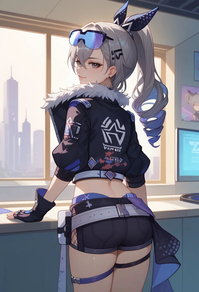 score_9, score_8_up, score_7_up, source_anime, 1girl, silverwolfdef, grey eyes, grey hair, long hair, ponytail, hair between eyes, drill hair, eyewear on head, hair ribbon, choker, crop top, fur trim, black jacket, cropped jacket, midriff, navel, black gloves, fingerless gloves, black shorts, short shorts, thigh strap, bandaid, standing, smile, looking at viewer, indoors, portrait, close-up, facing viewer, from behind, looking back, <lora:Silverwolf_v1-000010:1>