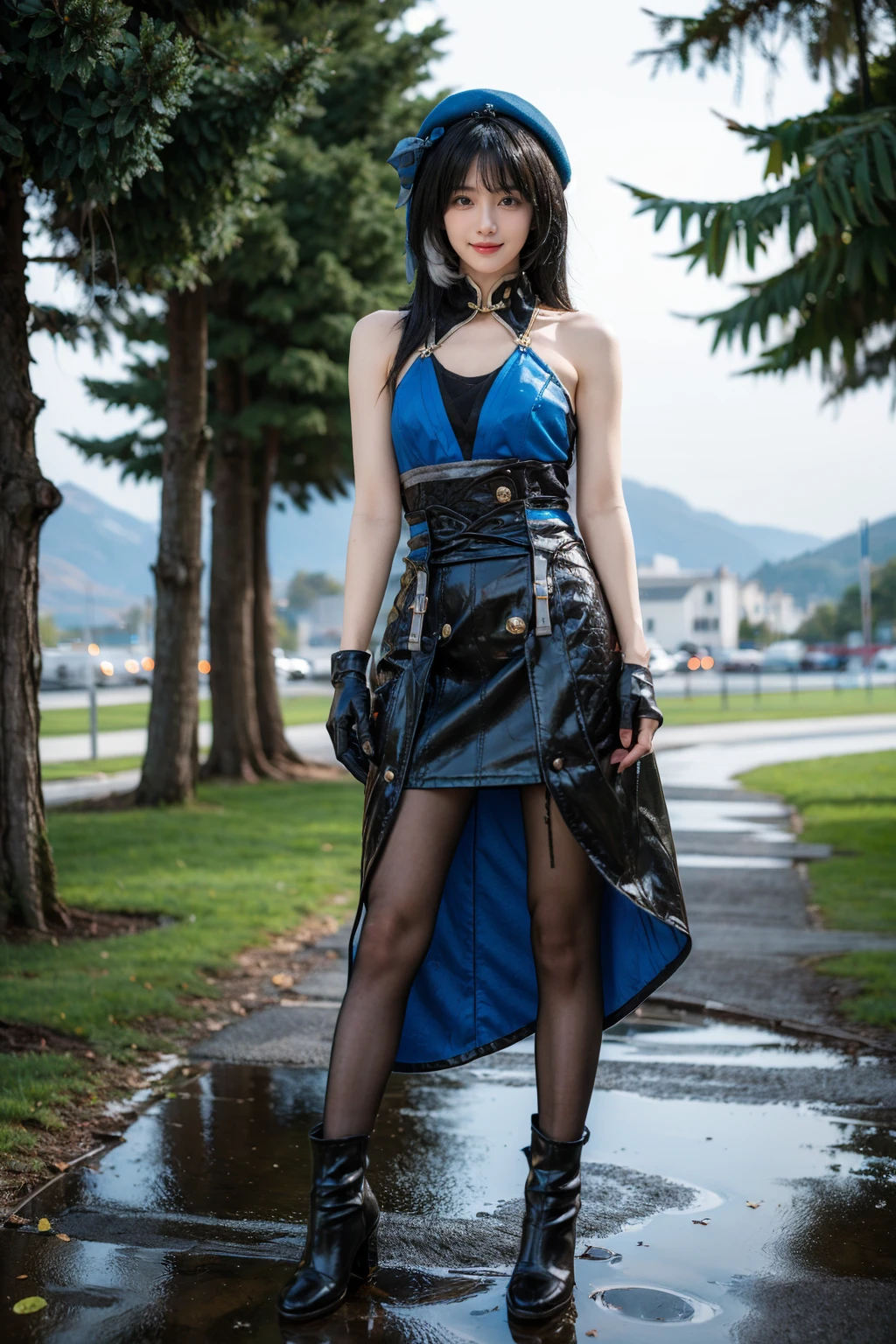 realistic, photorealistic, full body, 1girl, solo, smile, looking at viewer, standing, yangyang cosplay costume, yangyang, cosplay, black hair, long hair, multicolored hair, white hair, dress, hat, bare shoulders, detached collar, single glove, arm strap, gloves, pantyhose, black pantyhose, boots, high heel boots, water, field, mountain, nature, nature view, detailed background, <lora:WutheringWaves_Yangyang_cosplay_costume_v1:0.7>, <lora:Background_Detail_v3:1>, <lora:background & distence control:-1>