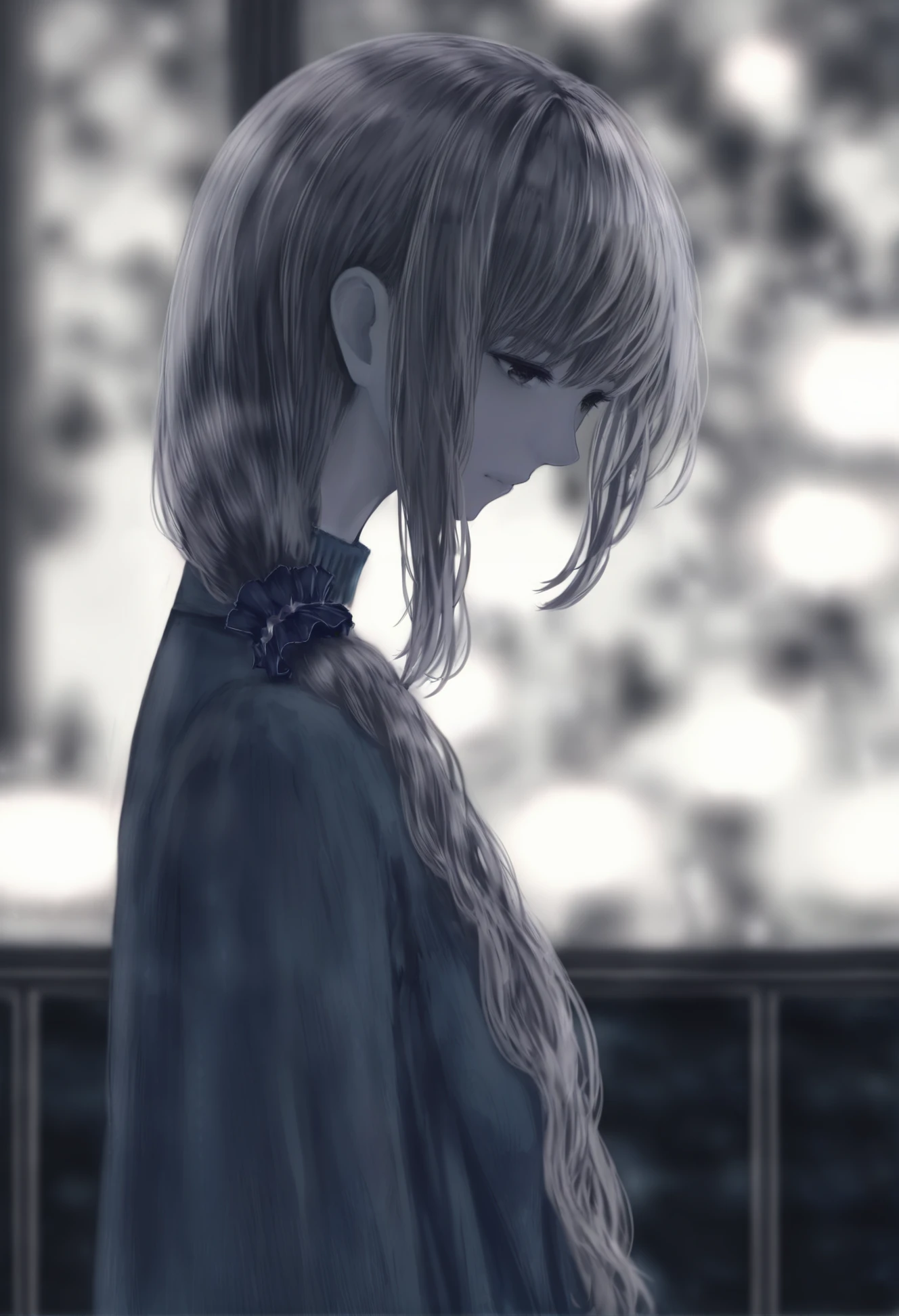 masterpiece, best quality ,1girl, solo, blue theme, long hair, from side, upper body, monochrome, hair over shoulder, scrunchie, blurry, profile, looking down, hair scrunchie, closed mouth 
 <lora:é²äººXLlokr4f-000166:0.95>