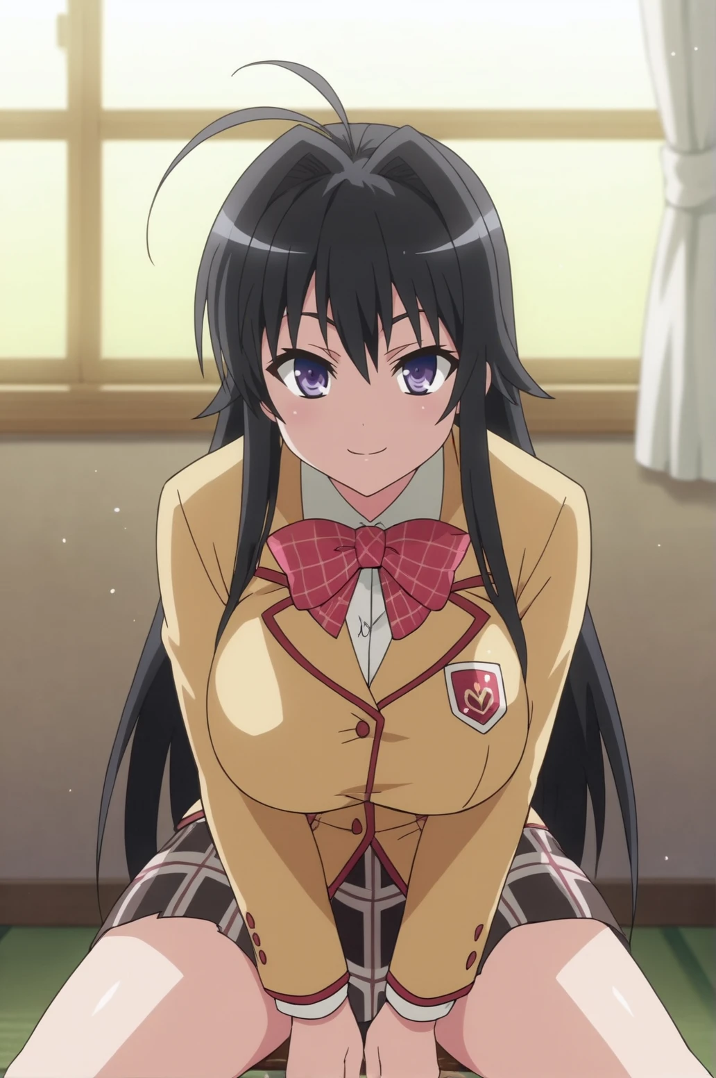 score_9, score_8_up, score_7_up,anime_source, source_anime, best background, detailed background, anime screencap, Chizuri, 1girl, ahoge, long hair, school uniform, solo, black hair, seductive body, naughty face, huge breasts, bow, sit, dynamic angle, dynamic pose, dynamic camera, legs apart, eat, light smile, indoors, <lora:JN_Chizuru_Minamoto:0.8>