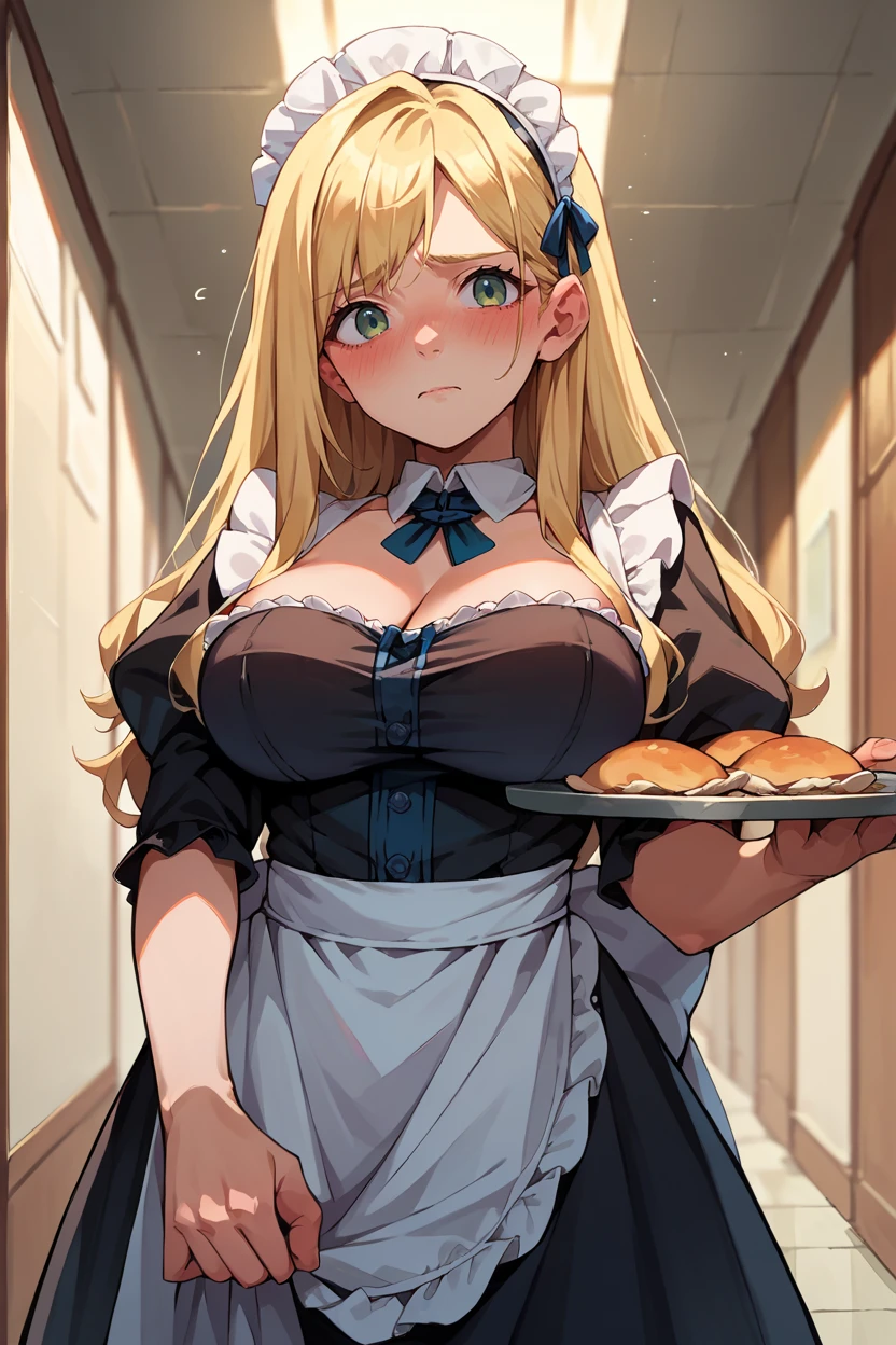 score_9, score_8_up, score_7_up, score_6_up, source_anime, 1girl, solo,  <lora:bofurimisery-pdxl-nvwls-v1-000007:1> bofuMis, blonde hair, long hair, large breasts, maid headdress, maid dress, puffy sleeves, looking at you, black dress, maid apron, holding tray, hallway, blush, nervous