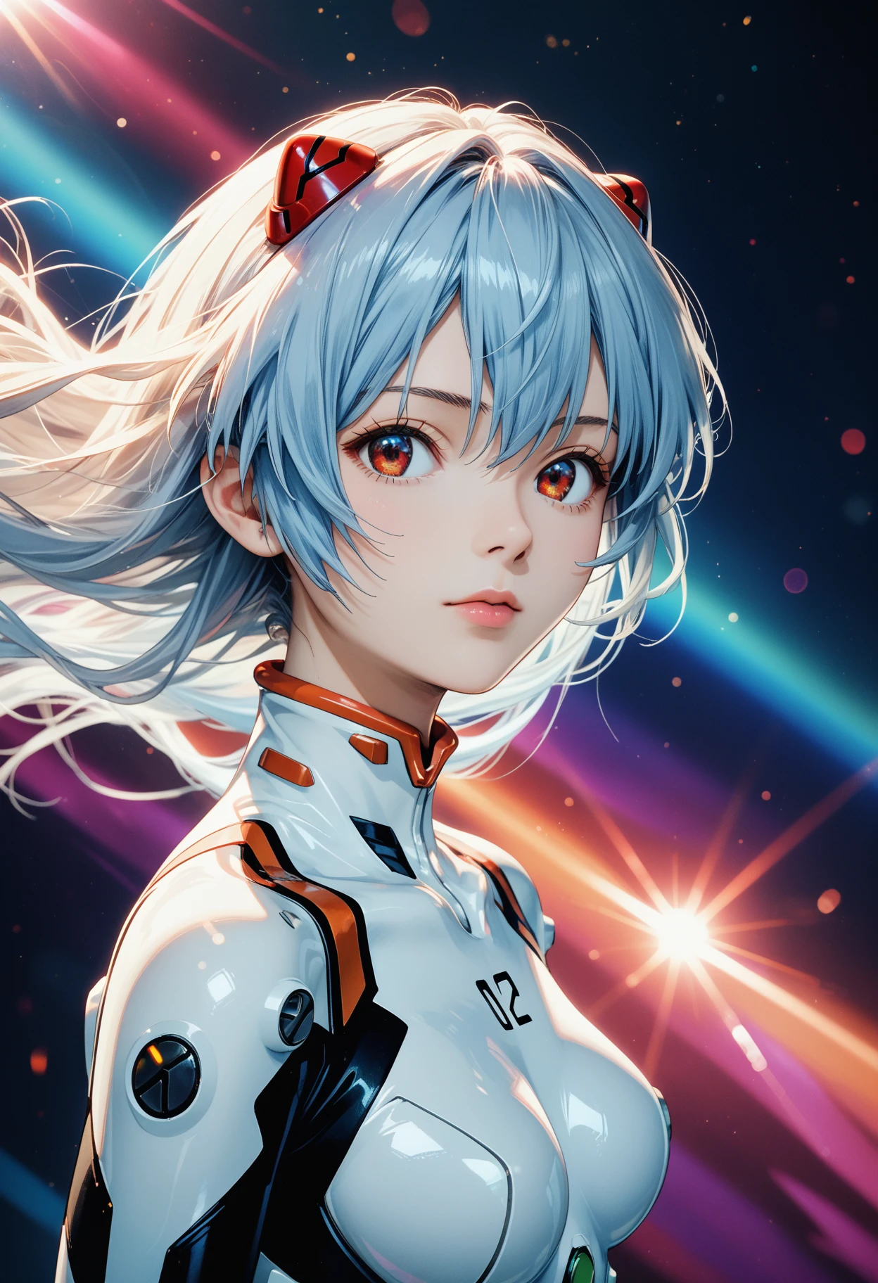 1girl,ayanami rei,neon genesis evangelion,rebuild of evangelion,plugsuit,pilot suit,white bodysuit,looking at viewer,head tilted,light blue long hair,hair blowing in the wind,(colorful flare abstract background:1.3),(intricate details),(dynamic angle),fluffy hair,air bangs,, cinematic film still,score_9,score_8_up,score_7_up,dramatic lighting,(realistic:1.3),highly detailed,high budget,bokeh,cinemascope,moody,epic,gorgeous,film grain,grainy,masterpiece,best quality,perfect anatomy,very aesthetic,official art,8k,