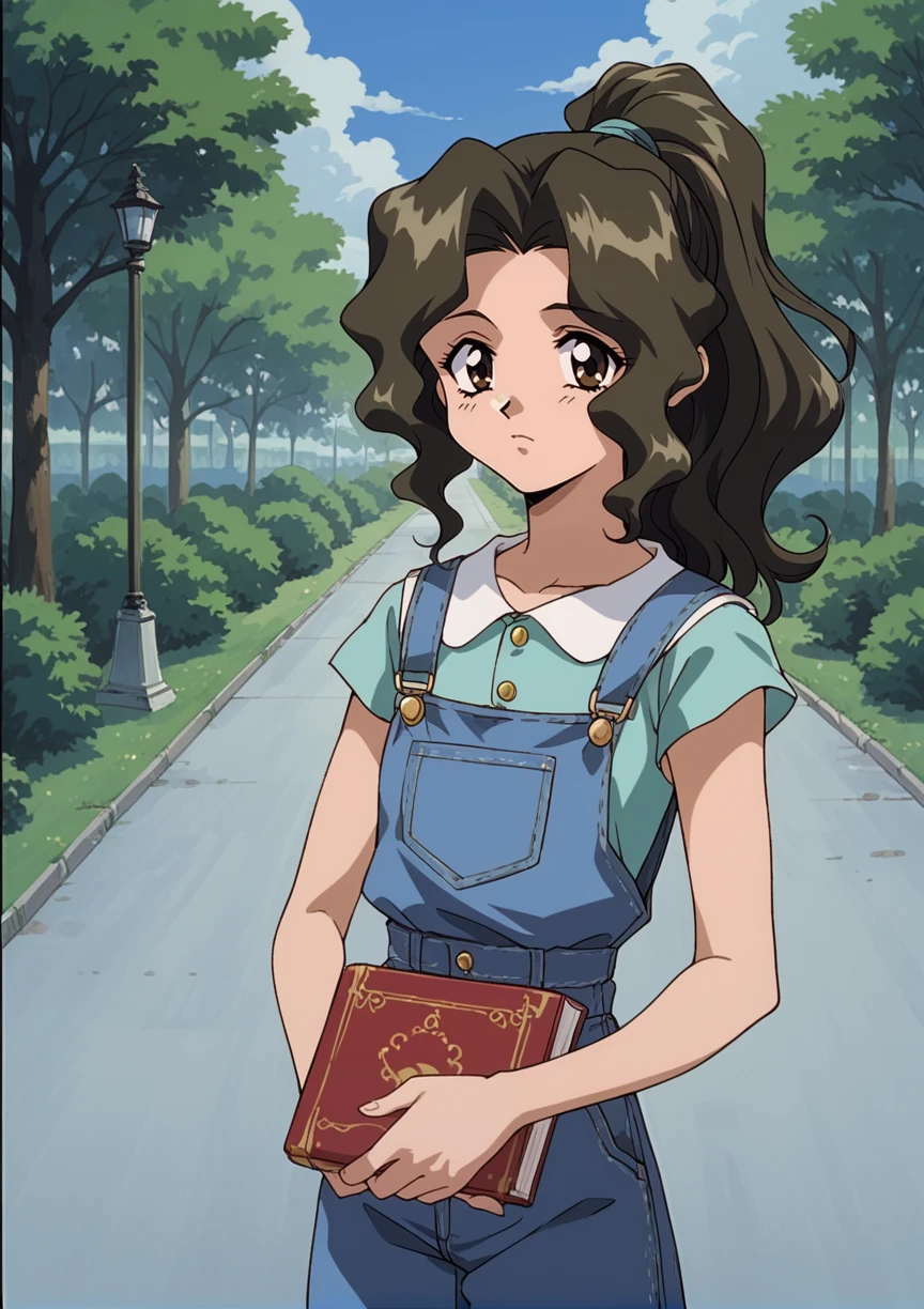 1girl, retro artstyle, 1990s \(style\), long hair, black hair, curly hair, sidelocks, ponytail, Brown eyes, overalls, skirt, flat chest, holding book, outdoors, park, looking at viewer, expresionless  <lora:jungle_the_ikou_r1:0.8>, score_9, score_8_up, score_7_up, score_6_up, score_5_up, score_4_up, BREAK source_anime, masterpiece