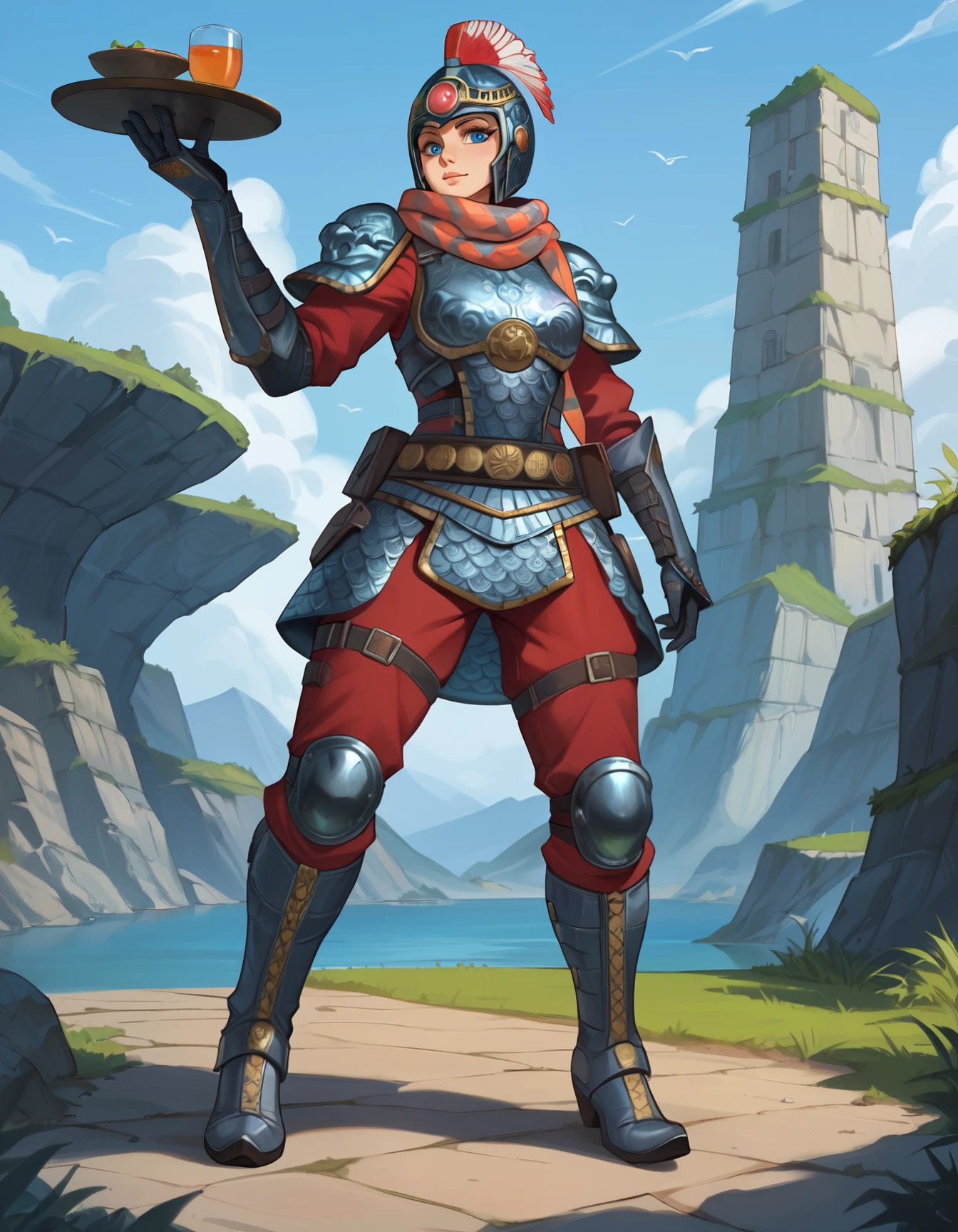 (embedding:Pony\Pony_PDXL_Negative_Embeddings\zPDXL2),1girl,3mpr3ss,armor,belt,gloves,armored boots,shoulder armor,helmet,gauntlets,pouch,red scarf,pauldrons,knee pads,red pants,chainmail,breastplate,full armor,blue eyes,looking at viewer,feathers,greaves,science fiction,t                                               <lora:MyTrainings\Temp\Wattson_The_Warrior_Empress_XL_Pony.safetensors:0.6>