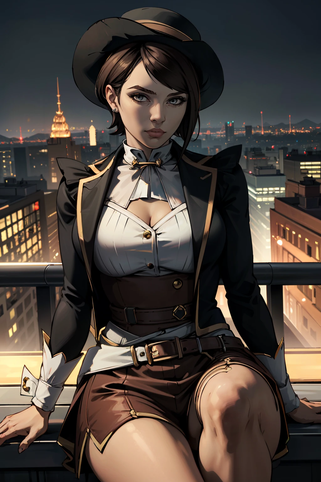 ((ultra detailed, masterpiece, absurdres))
 <lora:BFiona:0.8>
BFiona, 1girl, short hair, brown hair, hat, looking at viewer, overlooking the city from a rooftop bar at night, chic outfit, sitting