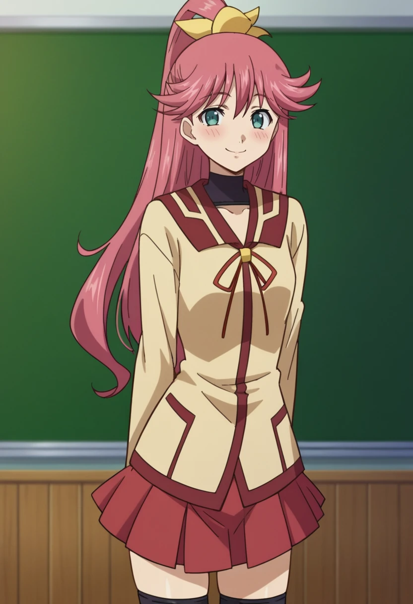 score_9,score_8_up,score_7_up,anime coloring BREAK source_anime,anime,1girl,solo,<lora:Priscilla_gunxsword:0.8>,priscilla,pink hair,long hair,ponytail,school uniform,green eyes,thighhighs,skirt,zettai ryouiki,smile,light_blush,standing,arms_behind_back,close_mouth,looking_at_viewer,indoors,