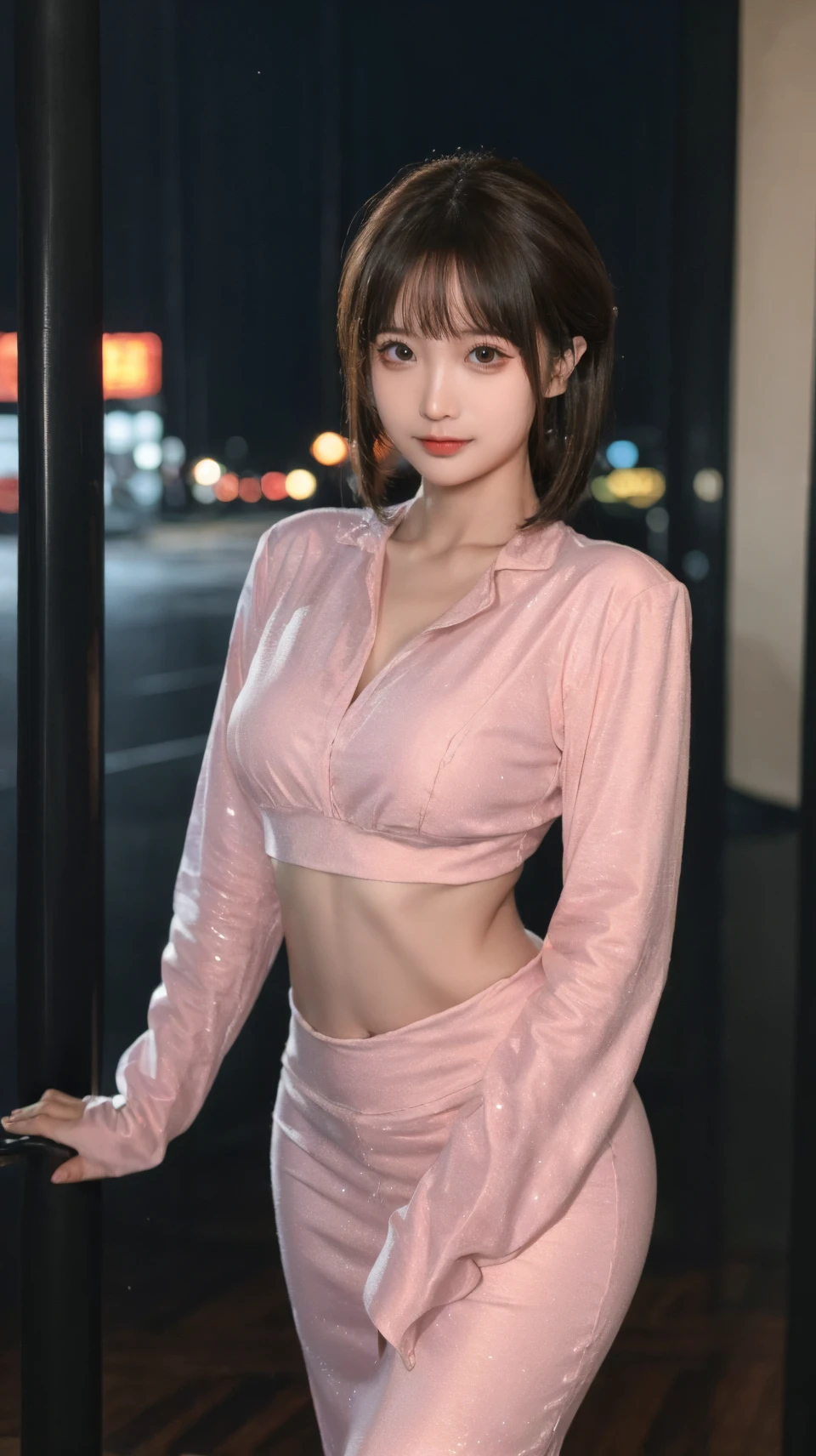 8k, masterpiece, RAW photo, best quality, photorealistic, extremely detailed CG unity 8k wallpaper, Depth of field, Cinematic Light, Lens Flare, Ray tracing, (extremely beautiful face, beautiful lips, beautiful eyes), intricate detail face, ((ultra detailed skin)) 1girl, in the dark, deep shadow, pretty korean girl, kpop idol, 1 girl, (very slim slender fit-muscled body:1.3), ((looking at viewer)),(big smile:1.3), (tight hot pink pants), (silk mini pants), (midnight, dark night, (neon sign), (blurred background), dim light), (without people in the background:1.3), beautiful earrings, bracelets, necklace, pantyhose, clear eyes, walking , front shot, (pale skin), (big eyes), face forward, (full body shot), ((silk hot pink shirt)), (brown hairs), (tight short pants ), (silk shirt), open navel, (looking at viewer:1.3) very slim, medium breasts,, ((camel toe)), medium butt