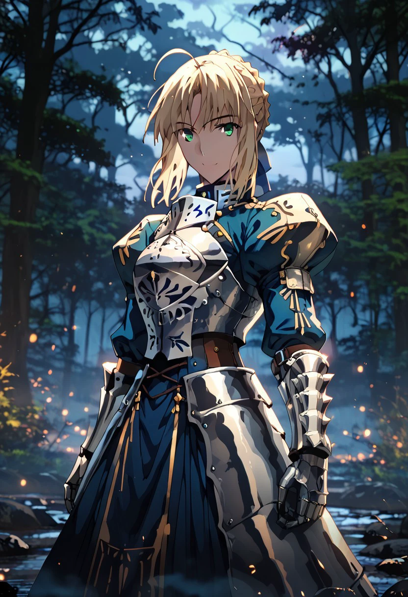 score_9, SaberFS, 
1girl, solo, light smile,
blonde hair, green eyes, short hair, french braid, ahoge,
SaberArmor, breastplate, blue dress, gauntlets, juliet sleeves, faulds,
standing, looking at viewer,
outdoors, night, blue theme, fog, forest