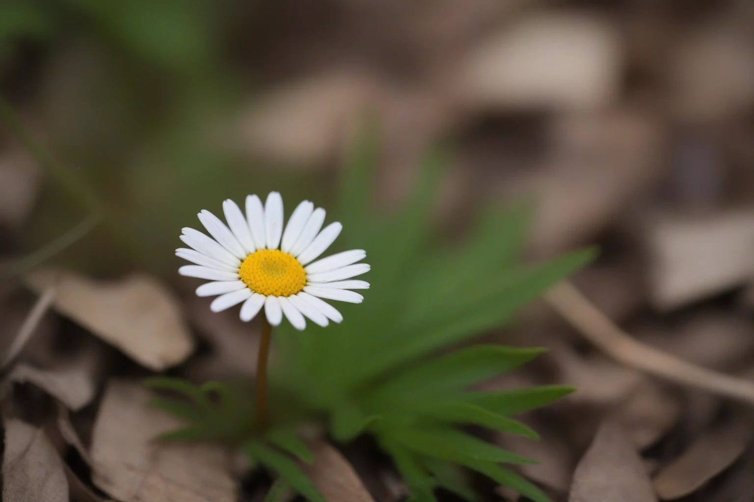 a perfect closeup photo of a tiny daisy flower on the overgrown forest floor