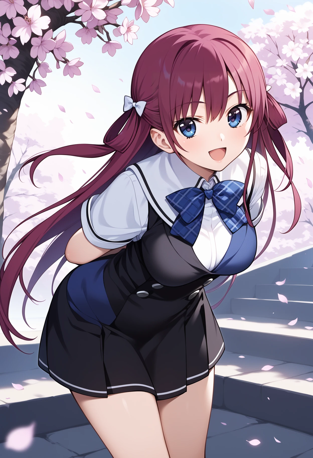 score_9, score_8_up, score_7_up, score_6_up, score_5_up, score_4_up, source_anime, aaamane, long hair, purple hair, hair bow, breasts, school uniform, plaid bowtie, pinafore dress, black dress, white shirt, short sleeves, <lora:suou_amane_ponyxl_v1:0.9>, smile, open mouth, standing, cowboy shot, leaning forward, bent over, outdoors, cherry blossoms, petals, arms behind back,