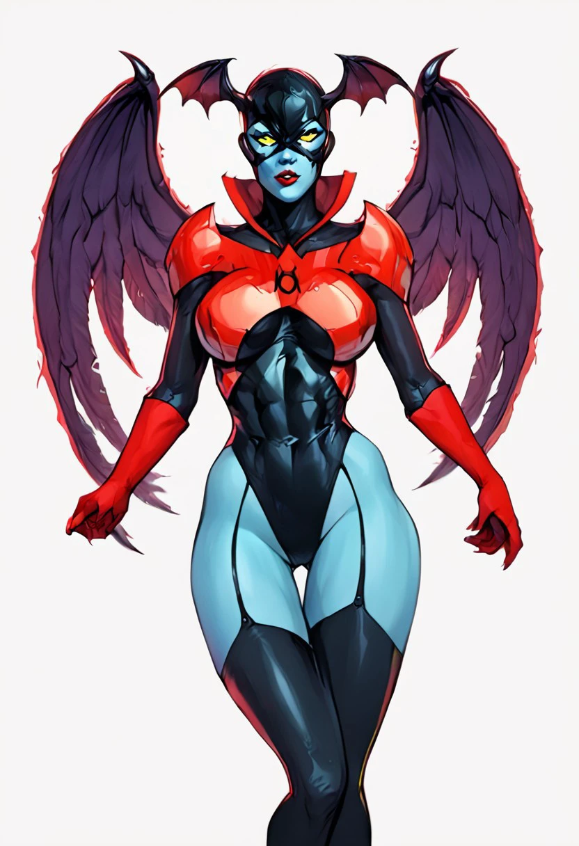 best quality,masterpiece:1.2),intricate details,beautiful detailed eyes,beautiful detailed lips,extremely detailed eyes and face,longeyelashes,darkstalkers_lilith modeseven,comic style,vibrant colors,standing,innocent, full body, standing, smile,Modeseven - Style, big breast, feet, flying ,wings ,smile, blush, happy