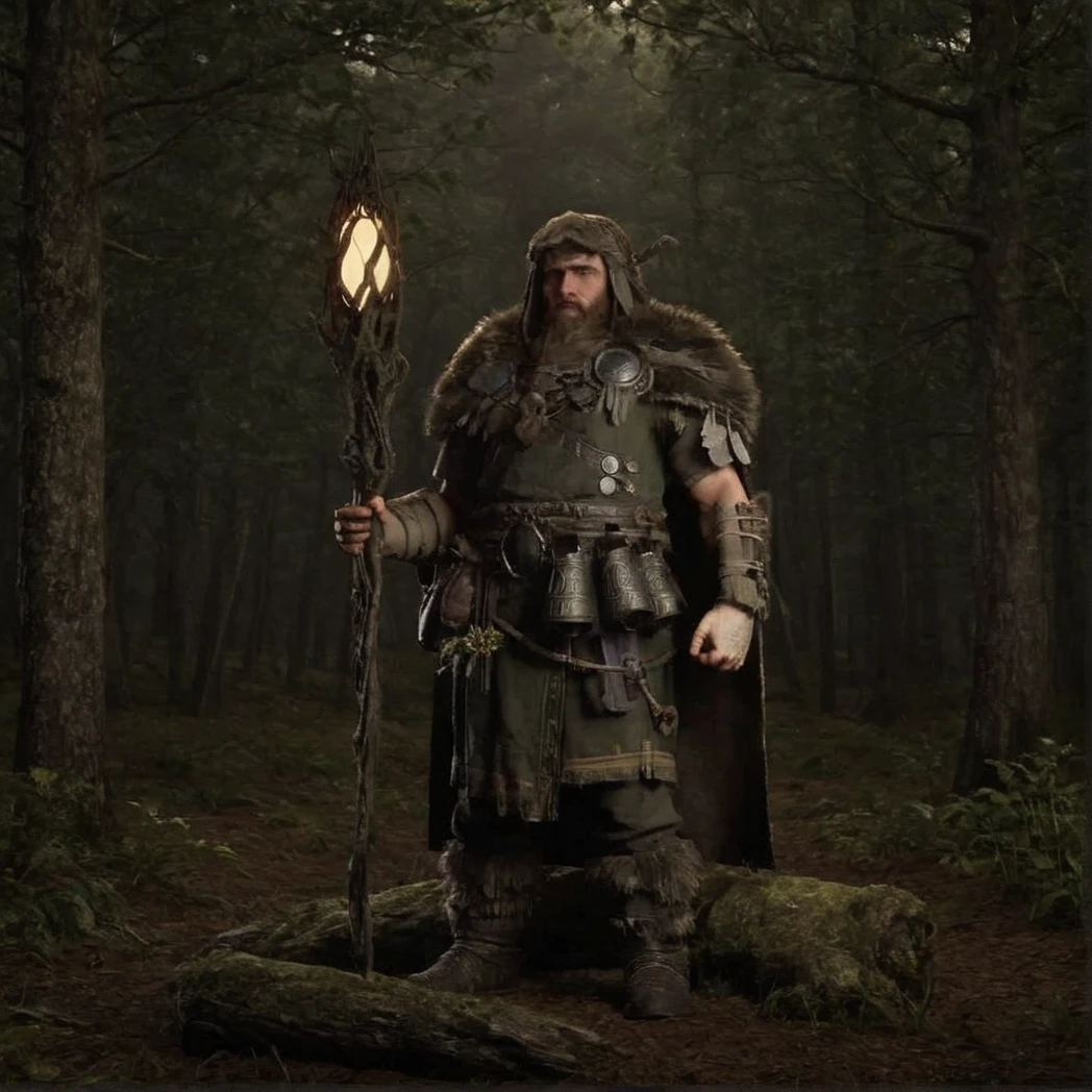 1boy, solo, walking, Druid, fantasy armor, full armor, fur cape, fur leather boots, rope belt, trinkets on belt, gauntlets of wood, A staff made of wood with a floating crystal, Front-facing, Front, moody forest, (UHD, 8K, ultra detailed, looking at the camera, highly detailed, best quality, best aesthetic, high detail, amazing detail, masterful, work of a master, highly detailed background, shallow depth of field, photorealistic, RAW image, 
8k high resolution, ray tracing, realistic, mid day, volumetric lighting), badneg-xl, medium shot, mid shot, 