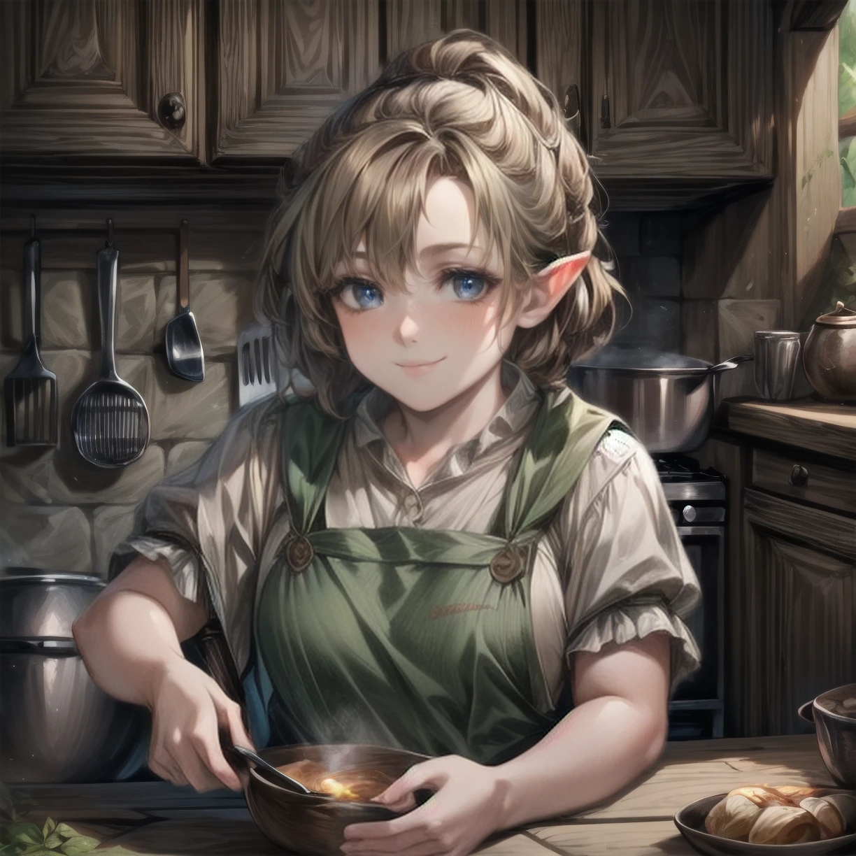 1girl, smile, brown hair, indoors, low-tech kitchen, cooking, <lora:Halflings! 1.5:0.8>, halflings, hobbit, very detailed, <lora:more_details:0.6>, high quality, highres, masterpiece, best quality, 8k, intricate, detailed, <lora:add_detail:0.6>