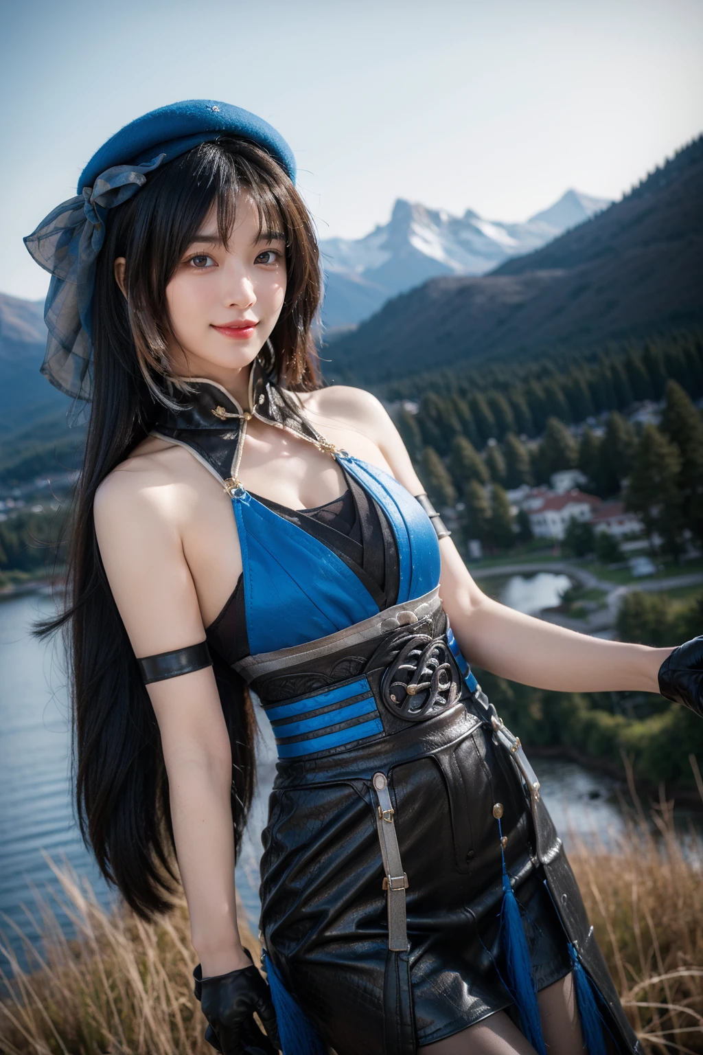 realistic,photorealistic,cowboy shot,1girl,solo,smile,looking at viewer,standing,yangyang cosplay costume,yangyang,cosplay,black hair,long hair,multicolored hair,white hair,dress,hat,bare shoulders,detached collar,single glove,arm strap,gloves,pantyhose,black pantyhose,water,field,mountain,nature,nature view,detailed background,<lora:WutheringWaves_Yangyang_cosplay_costume_v1:0.7>,<lora:Background_Detail_v3:1>,<lora:background & distence control:-1>,