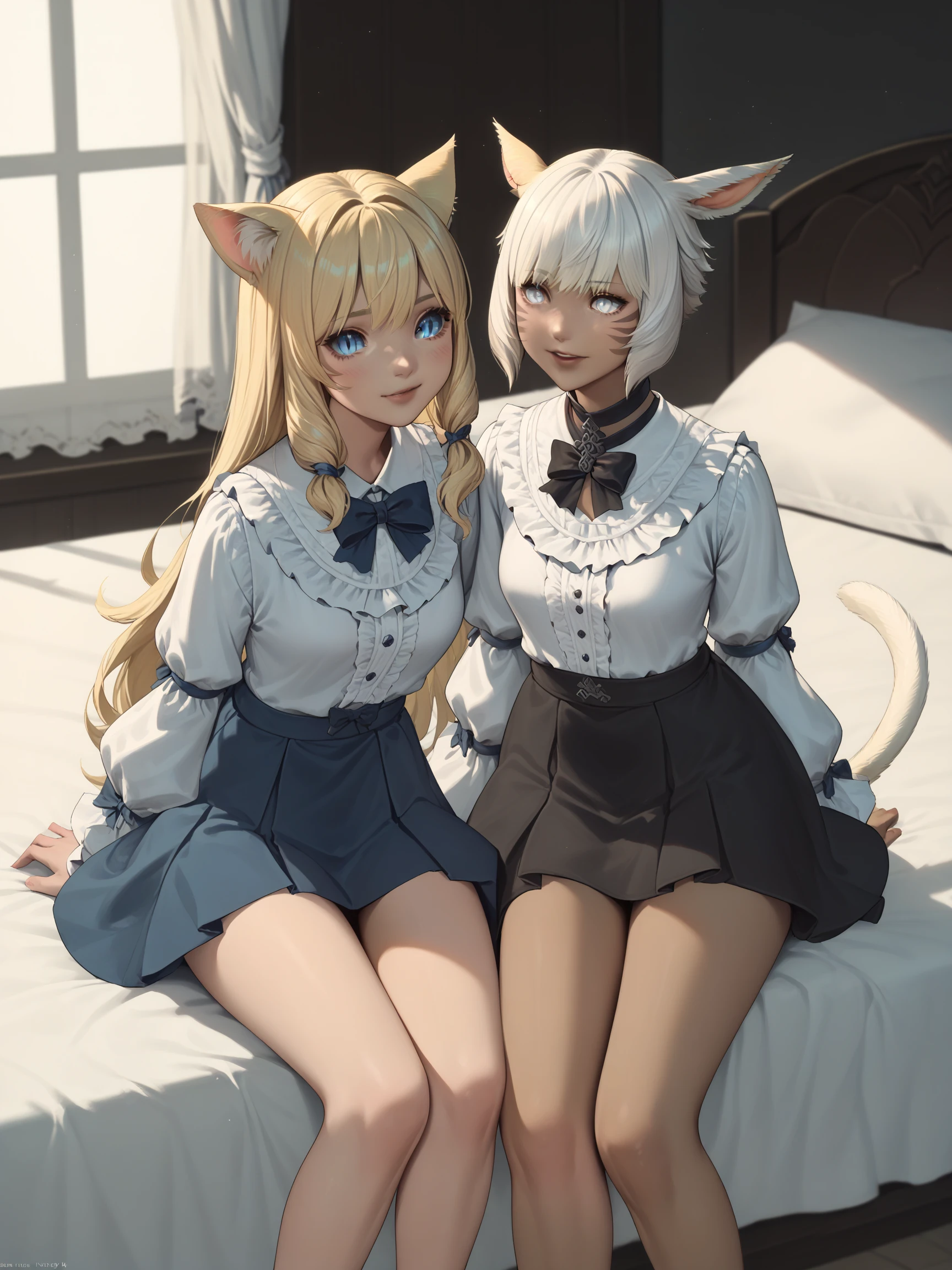 sscore_9, score_8_up, score_7_up,
2girls, (liesnow and y'shtola rhul)
cute night gowns, on bed, sitting together on bed  BREAK
(liesnow, blonde hair, long hair, blue eyes, cat ears, cat tail, slit pupil, miqote) BREAK
(y'shtola rhul,final fantasy xiv,white hair,cat ears,short hair,miqo'te,dark skin,white eyes,)
<lora:Lievre_Snow:.75> <lora:honeybv3:.75>,  <lora:FFXIV_Ryne:1>